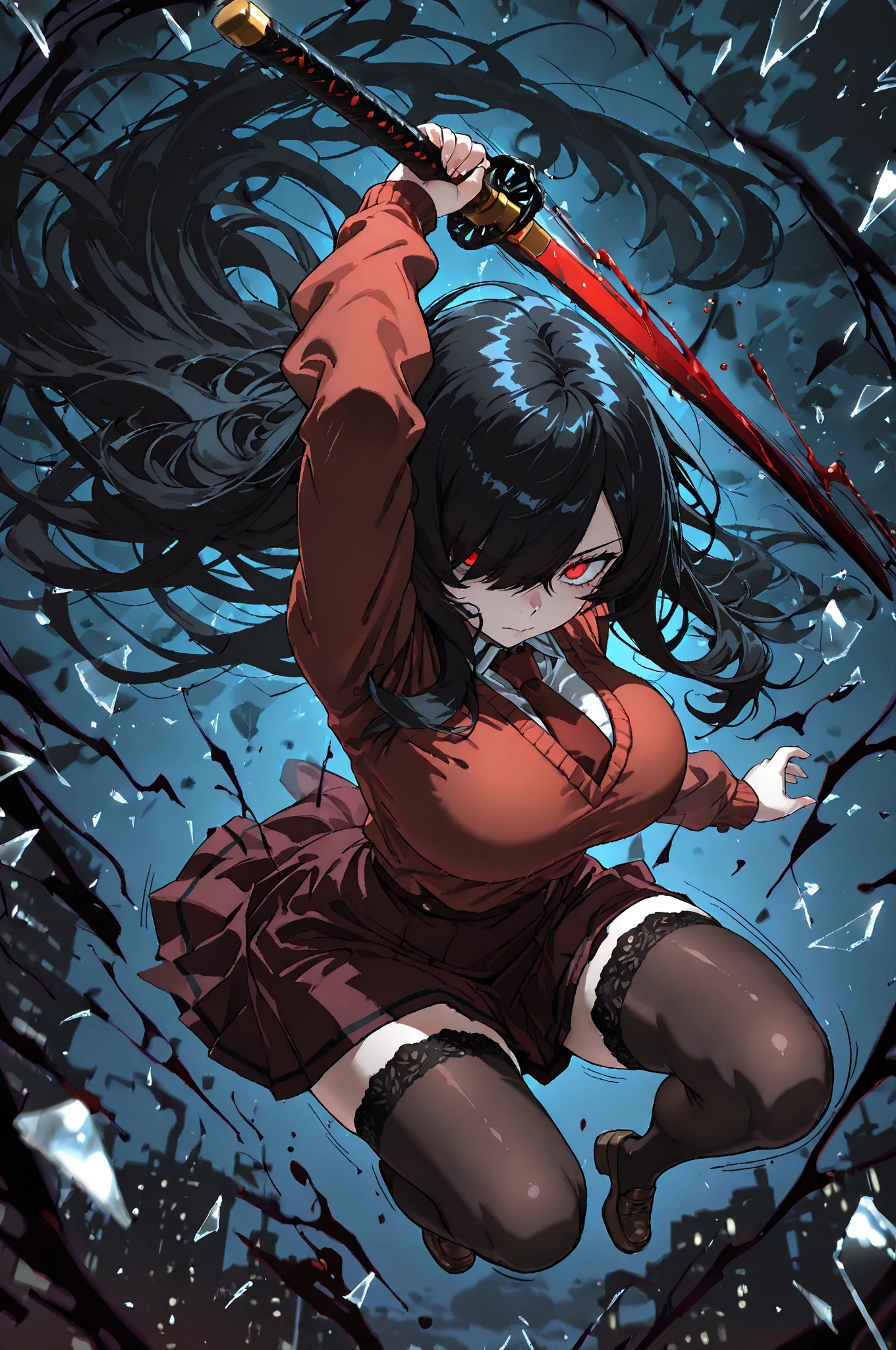 Kuchisake-onna Super Extra large breasts breast enlargement, red coat, long hair, red eyes, black garter stockings, black bikini, full-body shot, looking at the camera, standing alone in the rain, holding a large scissors in her right hand, lips split, stitches, blushing, shy and cute