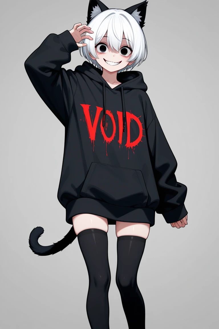 Detailed Background, masterpiece, Highest quality, Full Art,smile,One Girl , girl(Medium straight hair, Twisted corners, White skin,Gray Hair, twin bun,mini skirt, Red eyes, 不気味なsmile, hoodie),blush,Smirking face,Character portrait, Neon street alley, graffiti, dark, night, Glowing Eyes, Black light,Vibrator,pussy juice,Put your hands forward