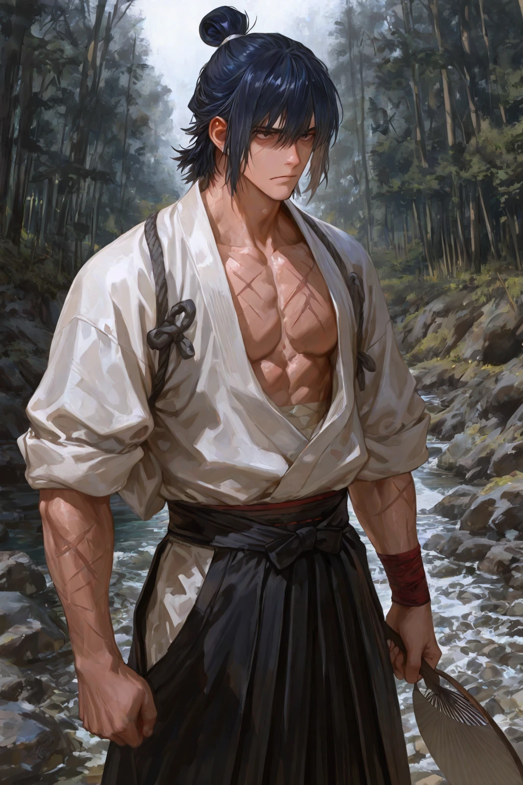 man, thick eyebrows, handsome, short hair, fox ears, injured, body
