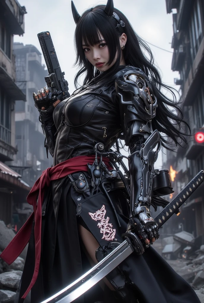 1 beautiful young girl, Super beautiful detailed face、 Symmetrical black eyes), hime cut hair, (Fine face:1.2), High quality, Realistic, Highly detailed CG unified 8K dendenden wallpaper, Highly detailed, High-definition raw color photos, Professional Photography, Realistic portrait, Cinematic Light, Beautiful detailed, Super Detail, high details, depth of fields, semi long hair、(Thighs Thighs Thighs Beautiful Legs Legs、 Super beautiful detailed face, (Best Quality, 4K, 8K, hight resolution, masutepiece:1.2), Ultra-detailed, (Realistic, Photorealistic, Photorealsitic:1.37), (Beautiful detailed eyes, Beautiful detailed lips, extremely detailed eye and face), (Big Tits, ultra gigantic tits, Glamorous body), ((battle garments)),(Long black straight hair, Shiny hair, Shiny skin), (Holding a weapon in your hands)、((Sharp eyes midnight cyberpunk city)、(pointing weapon at the viewer)、(Midnight City)、Midnight City、Leather handbags、Dark、(Holding a sword)、(Assassin's Clothing)、(FULL BODYSHOT)、(Holding a sword)、(Holding a sword)、Iai pose