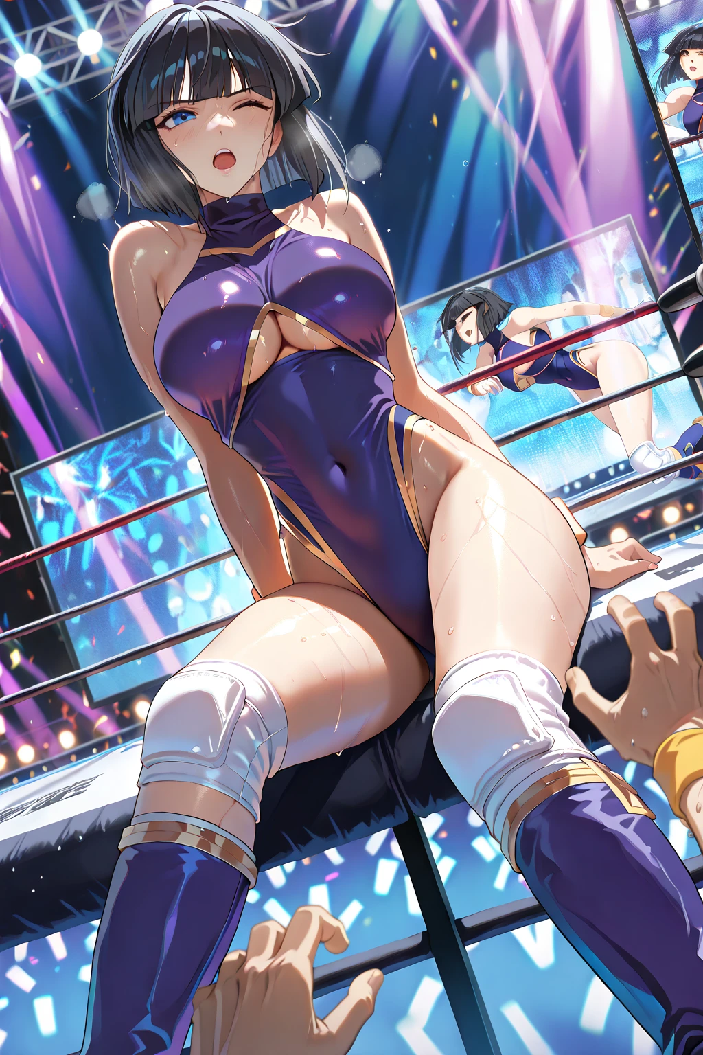 (absurdres, best high quality image, carefuly detailed features and textures, very detailed image, solo character alone): {{(1character: 900 years old elf noble mature beautiful milf), (dark brown short spiky hair with ahoge, fair skin, purple eyes, brown eyebrows, absolute feminine elder beauty, beautiful and sexy features, huge breasts, tall voluptuous body, beautiful arms, beautiful legs, short pointy ears, beautiful hips, giant butt), (Purple one-piece wrestler leotard, cleavage, purple arm sleeves, white elbow pads, white gloves, purple wrestler boots, white knee pads), (cheerful smile, cheerful face, cheerful expression, happy personality, toying and playful demeanor, dancing sexy), (She is doing: dancing and shacking her butt at the castle's gym in the wrestling ring)}}