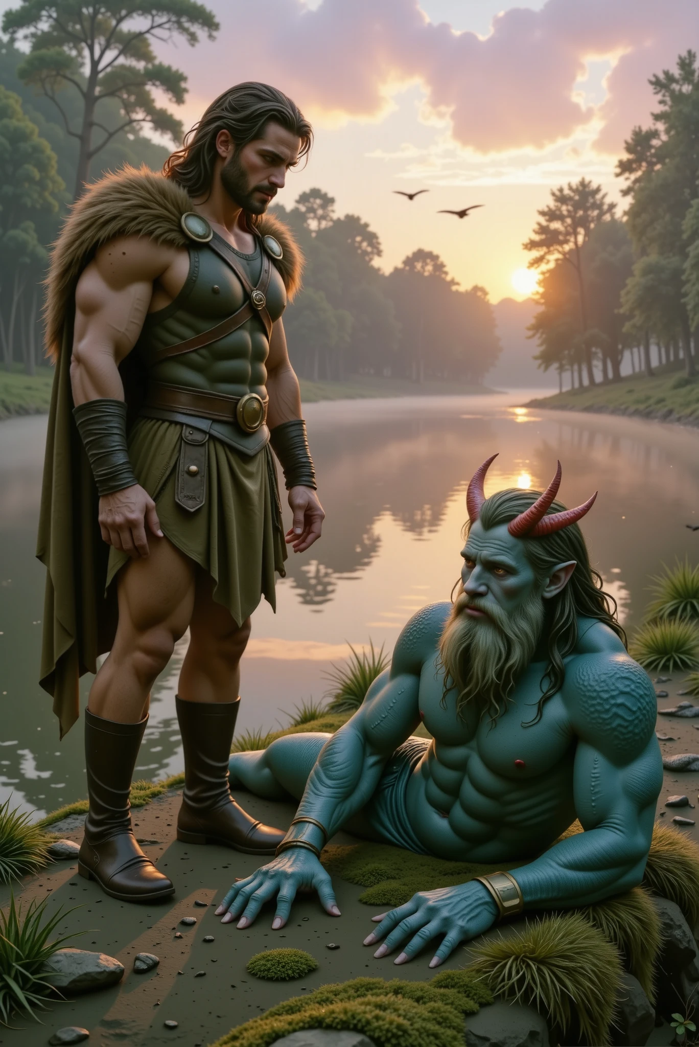 A misty riverbank at dawn bathed in golden light. Hercules stands tall, battle-worn, gazing solemnly at Nereus, who lies collapsed on moss-covered ground. Nereus has cerulean-blue mottled skin, webbed fingers, seaweed-like hair, and coral-red crown-like horns. His ember-colored eyes are dim with exhaustion. The mist swirls gently over the river, birds begin to return, and ripples shimmer quietly, evoking a mythic moment of surrender and resilience.
