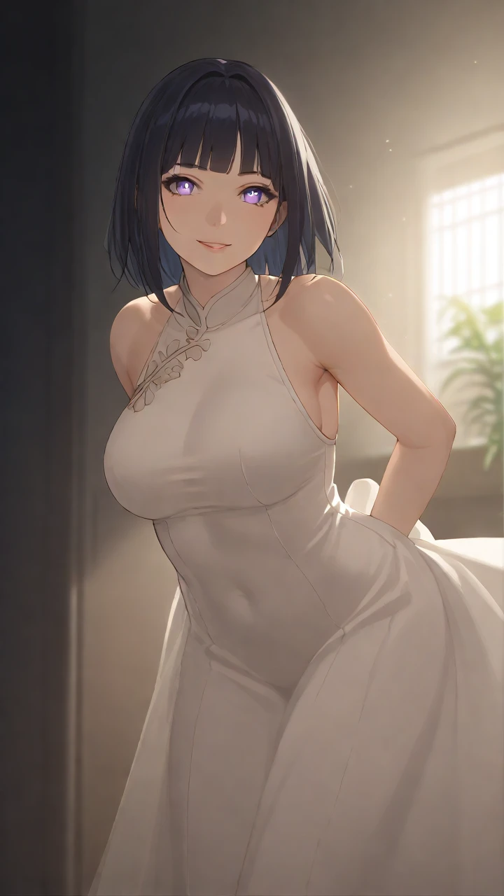 Masterpiece, Best quality, 1 Female,l, young girl, sister-like, blue eyes color, black short hair, resolute eyes, white and blue dress, white eardrop, frontal photo