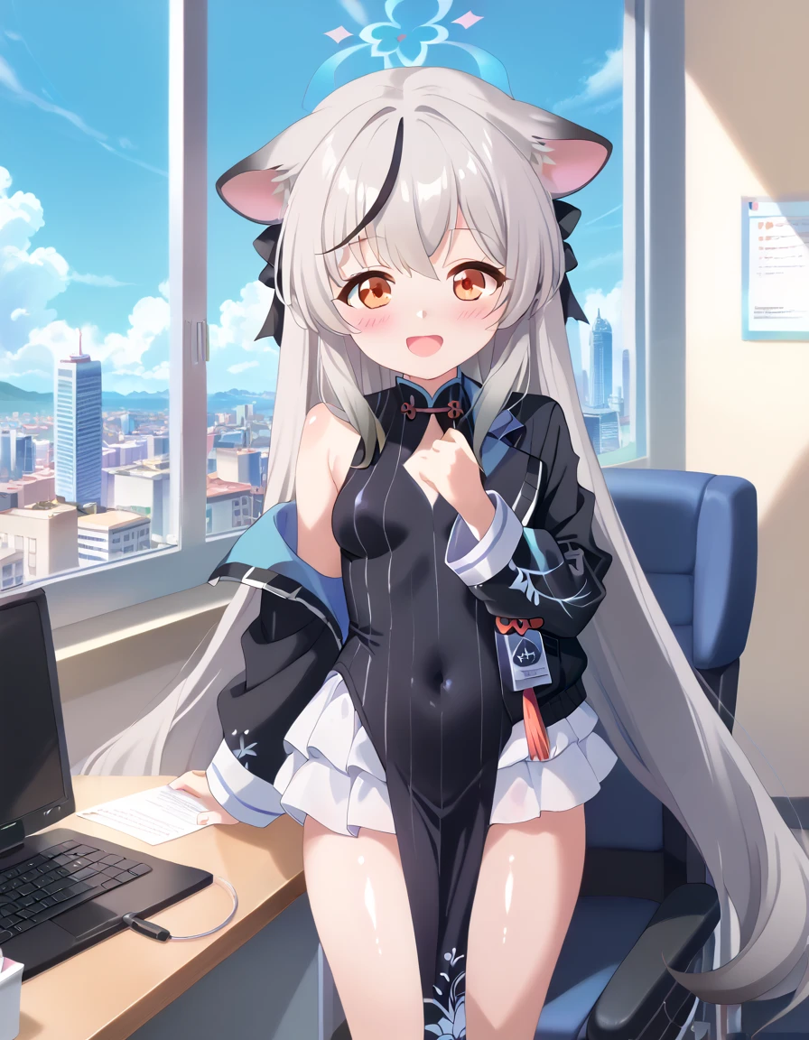 （（tmasterpiece）），  Qi bangs，（美丽细致的眼睛）， （1girll）， looking at viewert， depth of fields，Long white hair，Long hair and waist，White horse ears。 Yellow eyes， Maid uniform， medium boob，Be red in the face，Place your hands behind your back，ssmile，white stockings，Sell hand sanitizer at the front desk，The expression is embarrassed