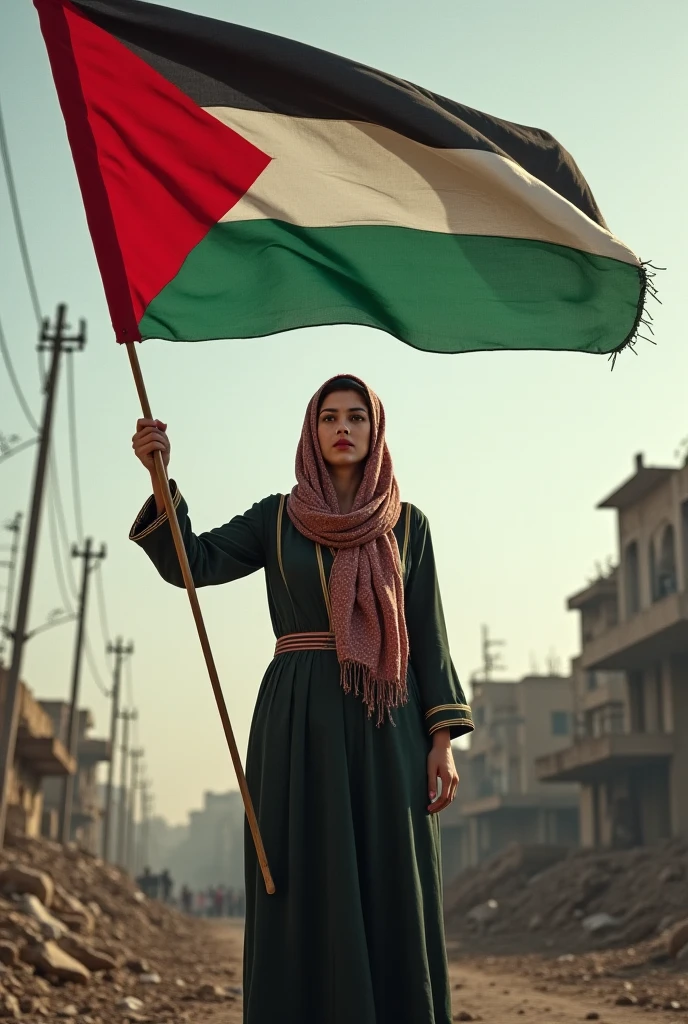 a woman holding Palestine flag,<lora:PalestineFlag03-000008:1>,