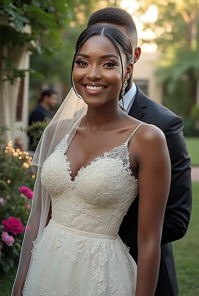 Realistic full body photo of a smiling black woman with her hair up, She dances in front of the camera in a long A-line wedding dress with straps made of shiny satin., Park,glamour fotoshooting, Wedding celebration, perfect anatomy, perfect brown eyes. Perfect hands with 5 fingers on each hand, Matching girl, look into the camera, 1 Frau. (Eye make up:1.1), (highly detailed skin:1.1), spirit, analog style, keen focus, 8K  UHD, dslr, good quality, Fujifilm XT3, Grain, Award-winning, ​masterpiece. Wedding celebration
