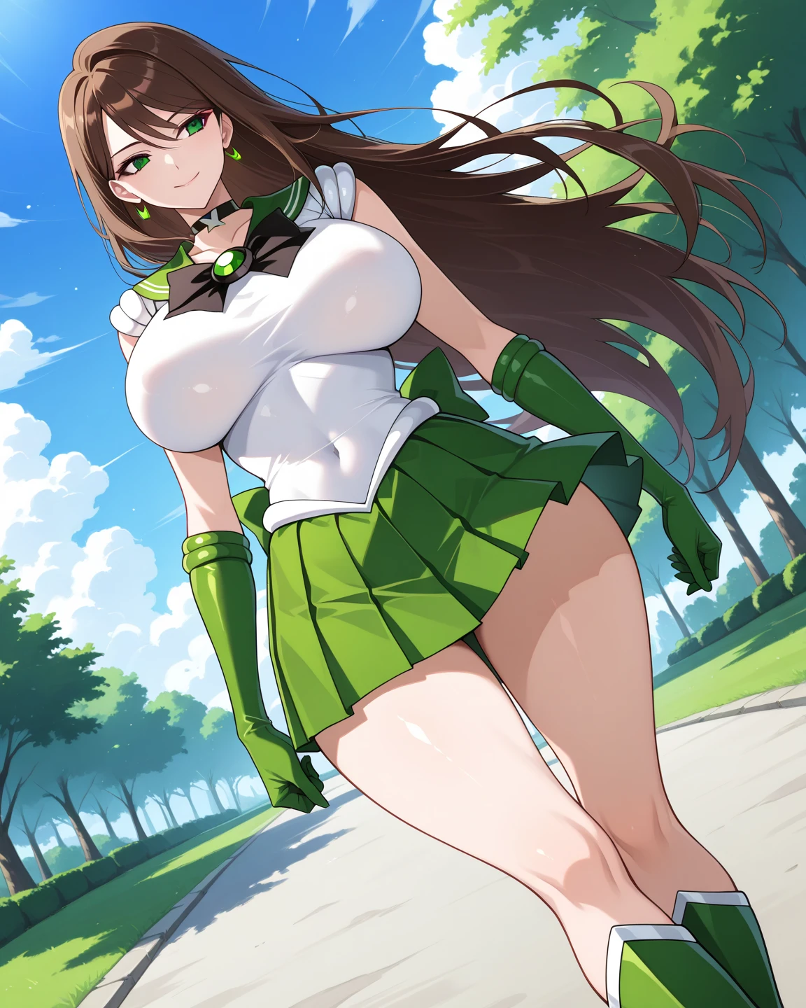 Nicole is a stunning brunette with long hair and emerald green eyes. She's wearing a tight-fitting crop top and high-waisted shorts that accentuate her curves perfectly. She's friendly and outgoing, always up for a good time