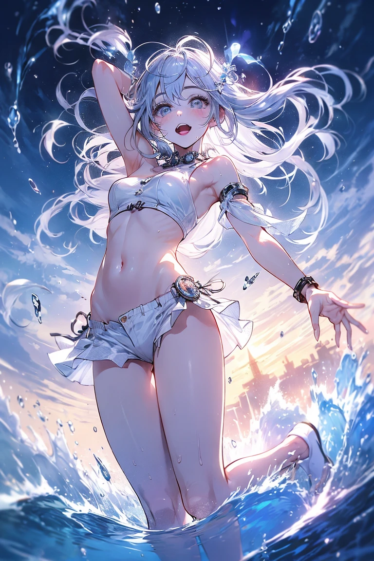 Bikini, girl with medium sized breasts, long styled white hair, cat ears, thick thighs, full body, playful pose, cheerful smile