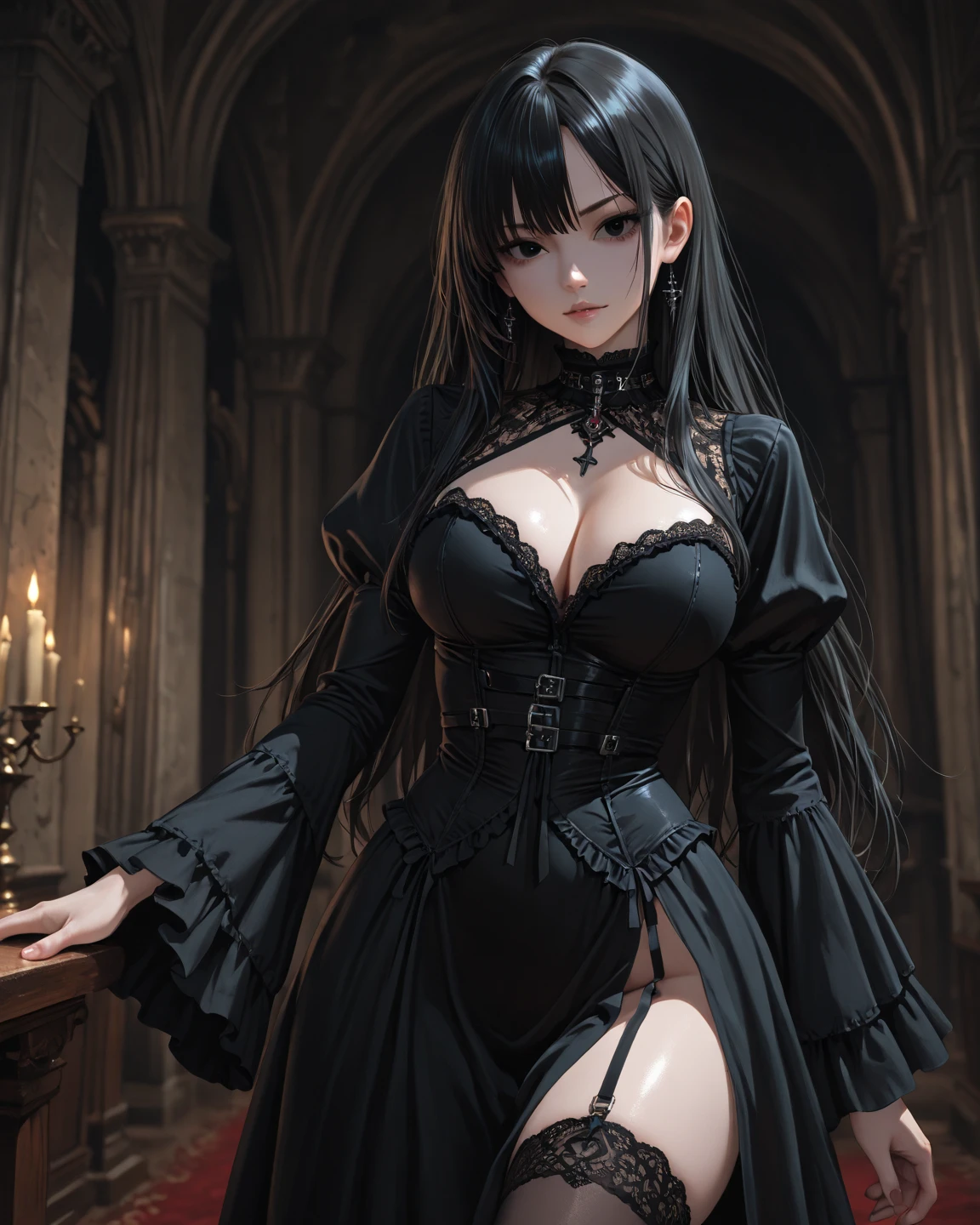 sfw, busty goth girl in a black dress with cleavage posing in a dark cathedral, ganzkörper ,ultrarealistisch, analog, 8k, grüne augen