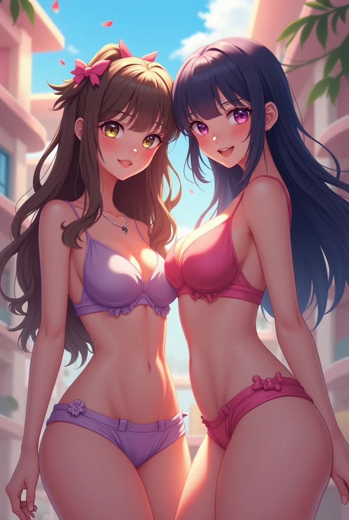 Realistic, Selfie of two girls, close contact with both breasts, wearing a bikini, big breasts, smiling face