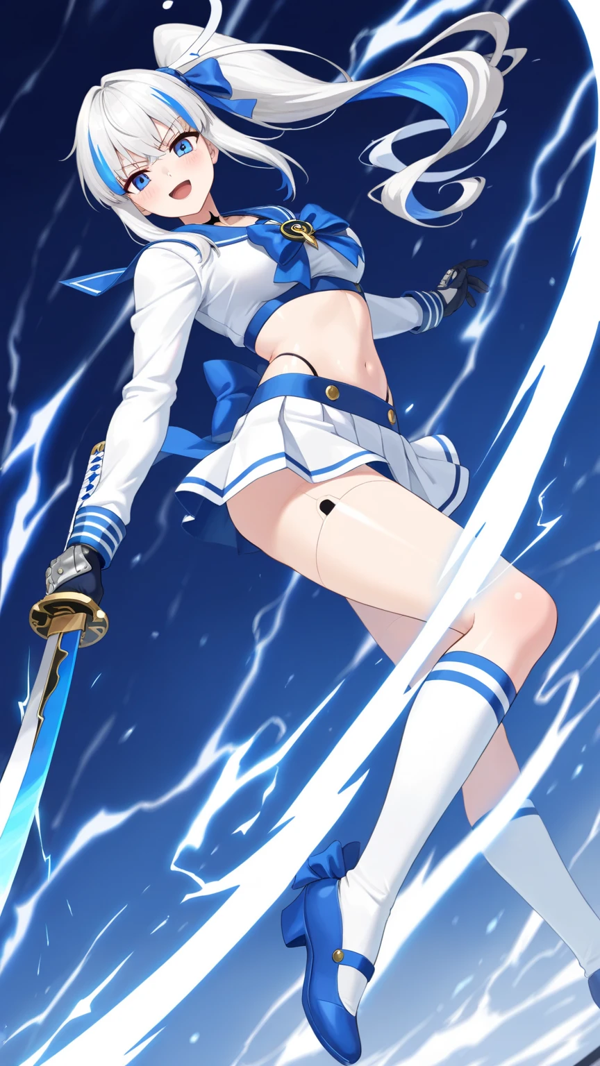 The girl held her sword forward,holding long sword,Clear fingers,Conforms to anatomy,There are mechanical wreckage ahead,Black scrap iron,roto,The picture is clear