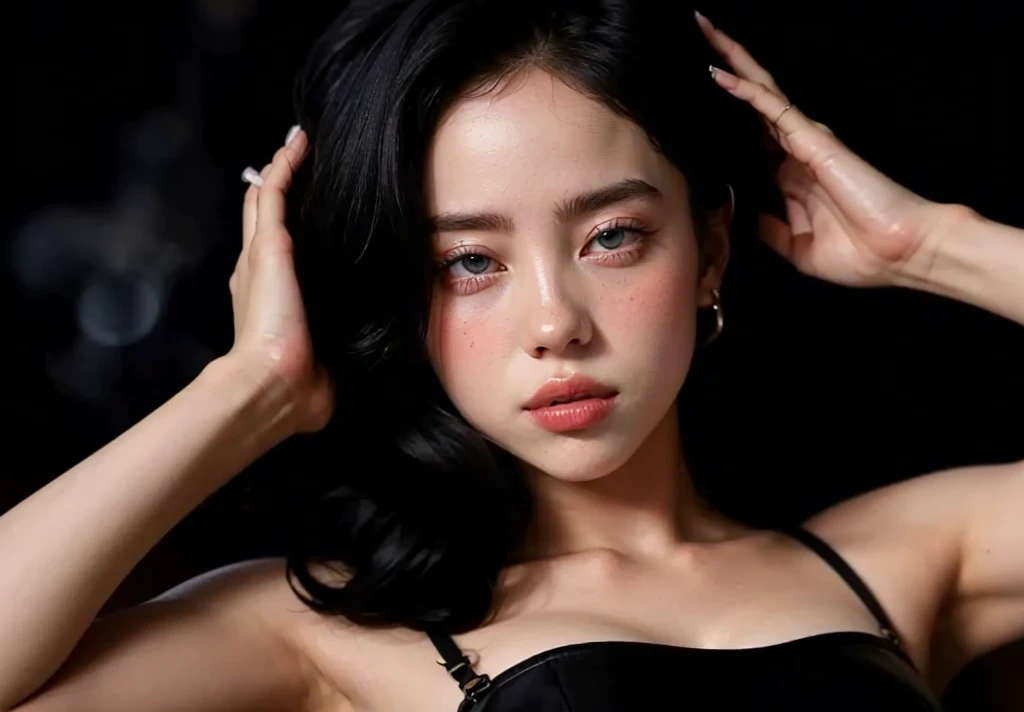 Jenni Blackpink de cabelo cacheado HD with cute lips and huge, an Asian adult woman , beautiful hair, Arms pretty , seios grandes , fleshy lips, olhos bonitos, olhos bem bonitos