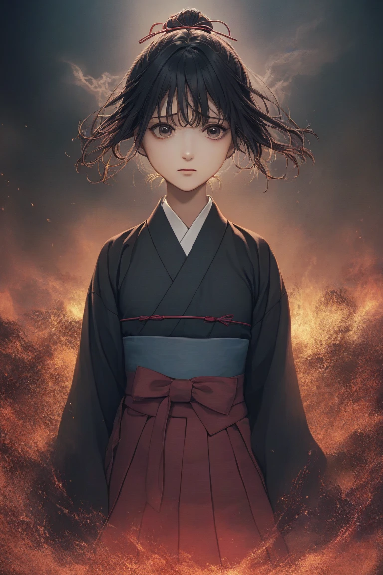 ビル群で血染めの焦げて折れた日本刀を持ったdark haired少女が火の中を歩いている　smoke can come in from liquid　dark haired　Hakama　sad　