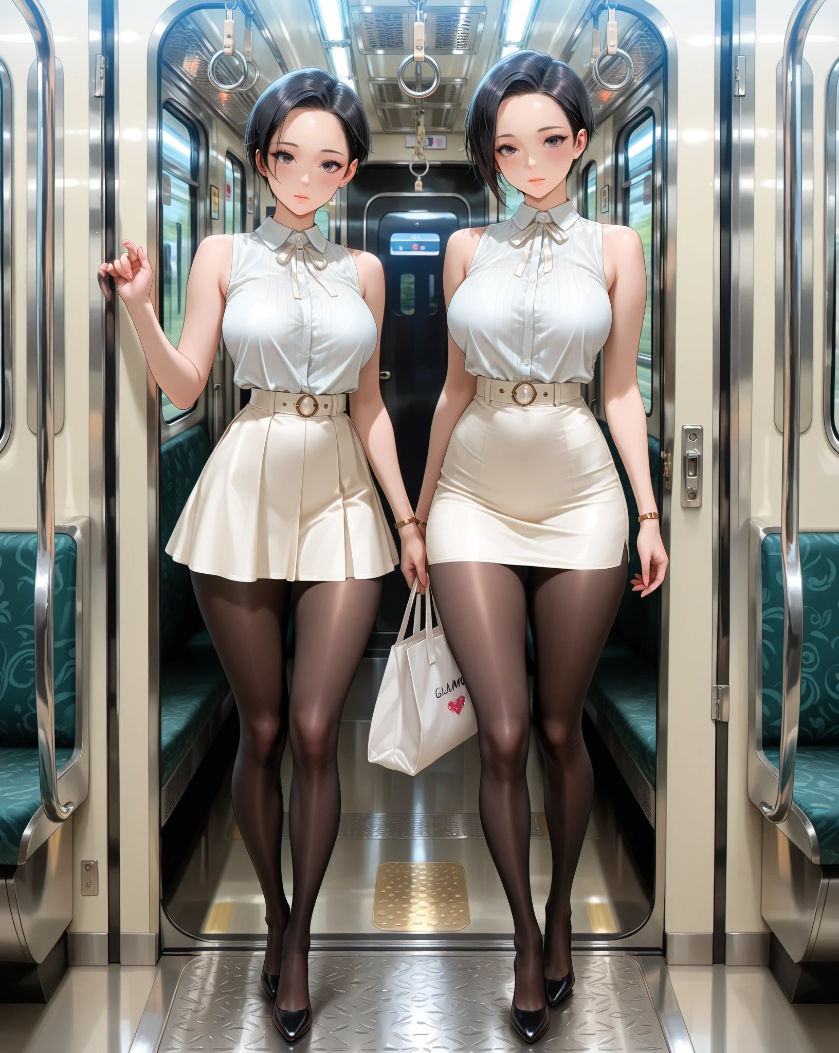 1 woman with extremely tight maid clothes on her body and several men, inside a bus, she is being squeezed by all of them, she is being imposed on the corner of the bus, she is smiling looking at the viewer, first-person view, textured skin