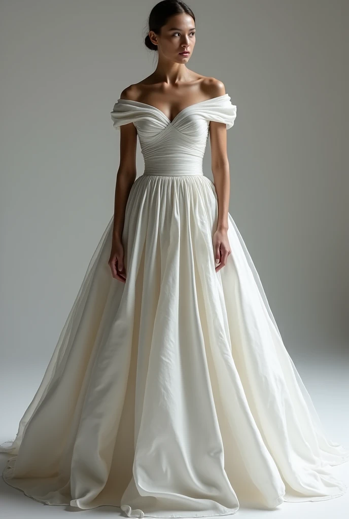 Full satin cover long elegant formal wedding dress without any patterns and prints on corse part with also full satin cover, with breast and spine decolte, with very thin thread like arm holes for curly blonde short haired, green eyed woman.