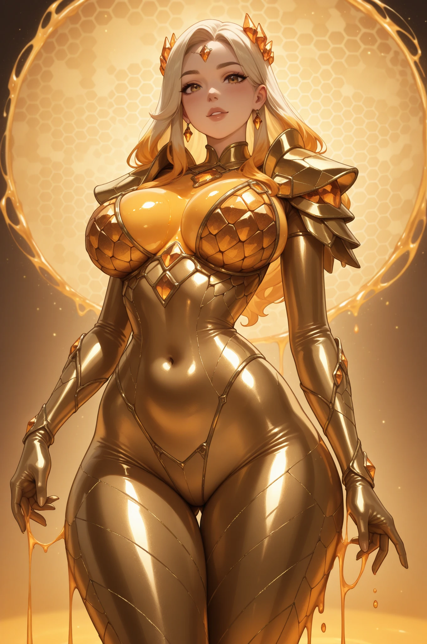 a young woman covered in golden honey, blonde hair, beautiful detailed eyes, beautiful detailed lips, extremely detailed face, long eyelashes, serene expression, dripping honey, glowing skin, golden light, cinematic lighting, ethereal, fantasy, hyper realistic, 8k, high quality, masterpiece