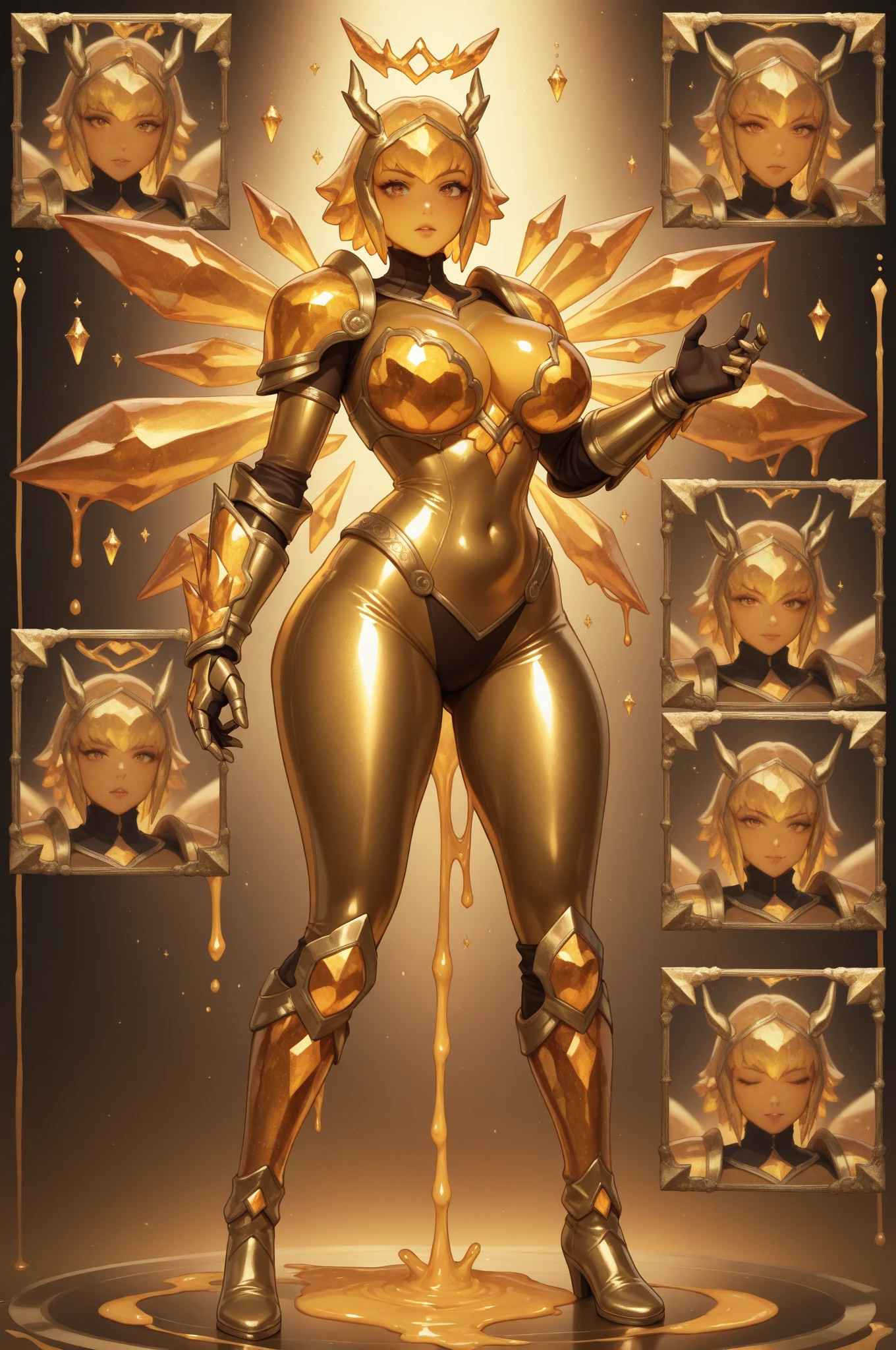 Realistic beautiful girl photo, full body photo, symmetrical cybernetic powered suit, large crystal eyes in the center of the chest, gold and silver decoration on the pearl body, shoulder protector, pearl rider helmet,