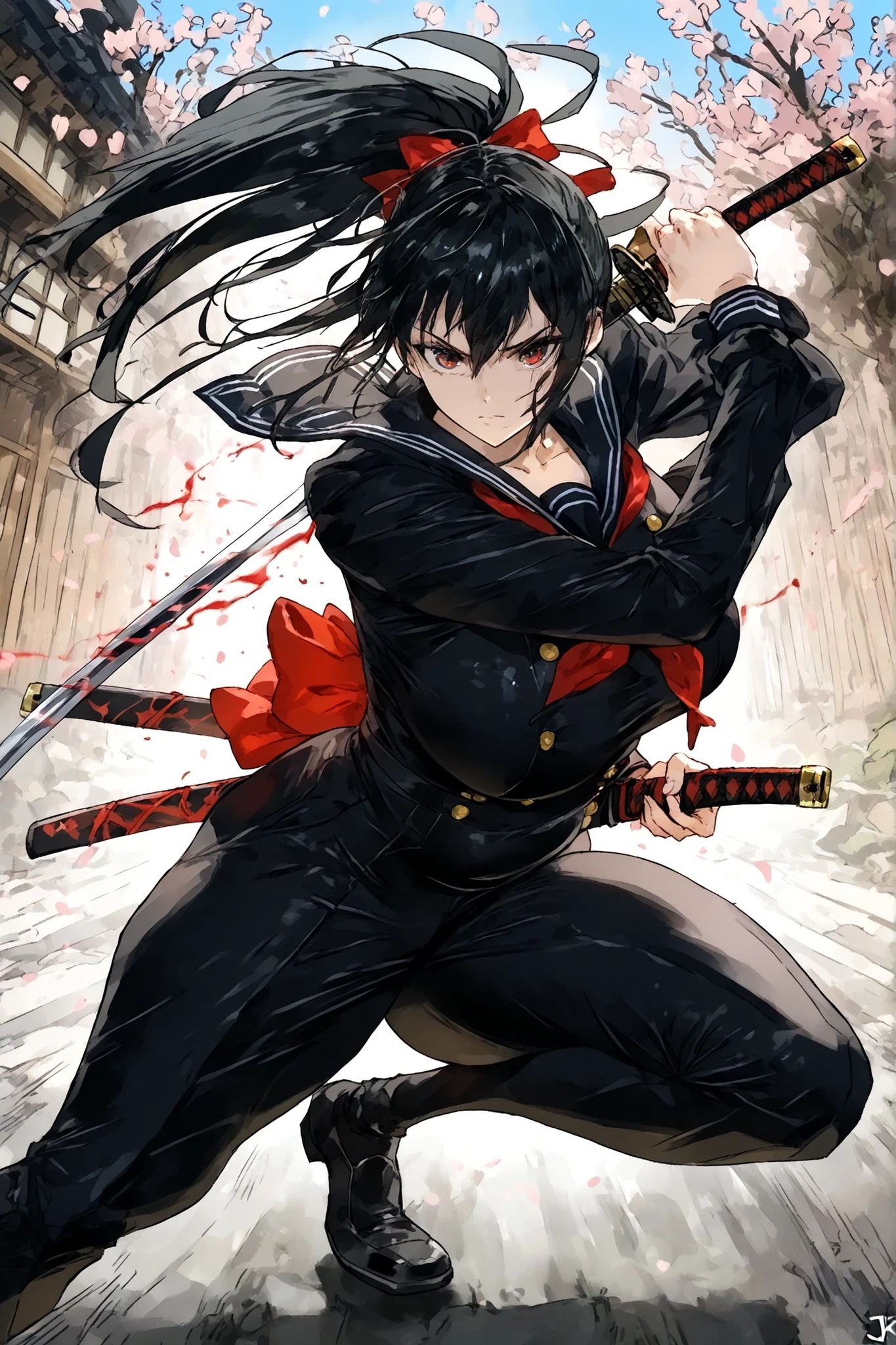 JK,high school girl,1girl,sailor suit,ponytail,samurai sword,Japanese sword,A Huge Fat Man Staring at Viewers,tattered clothes that came off,Veteran Samurai,dynamic pose,Action Pose,Anime Chic,safe content (masterpiece, 最High Quality, High Quality, detailed background, complicated details,complicated,Ultra High Resolution, is so beautiful,Newest:1.2)