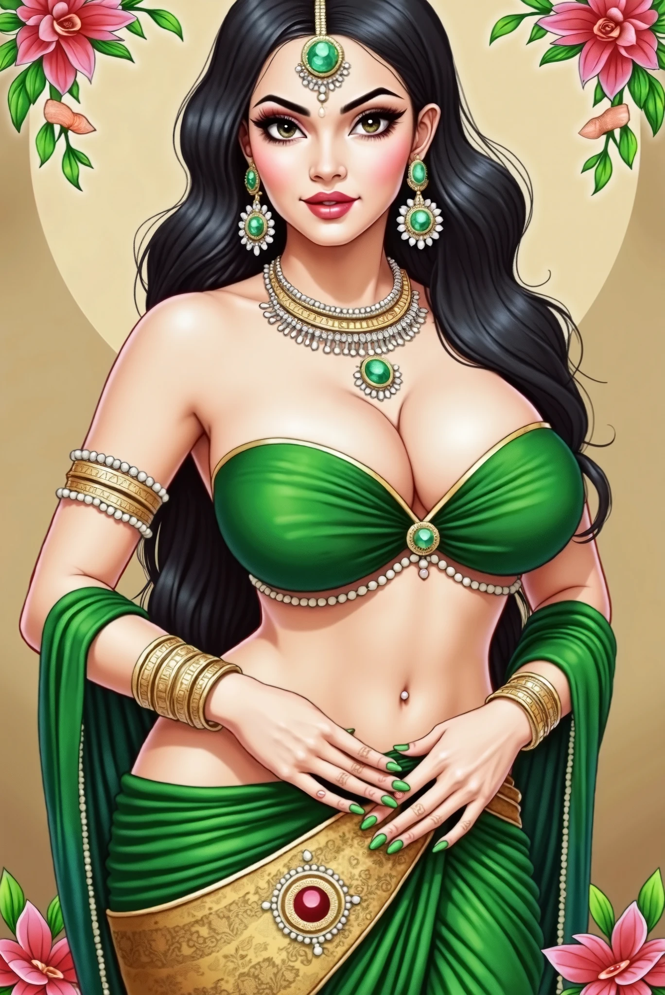 CG art of a beautiful javanese girl, 1girl, (marijuana goddess:1.2), (marijuana princess:1.2), (marijuana leaf crown:1.2), cute girl, (curvy-voluptuous-thick body type) , exotic, (full body shot), Sam Yang art, javanese culture,
glamor pose, smirk, eyebrow up,
pastel color, calm tones, 58 mm,
detailed marijuana java garden background,
(paint by SamDoesArts:1.3)