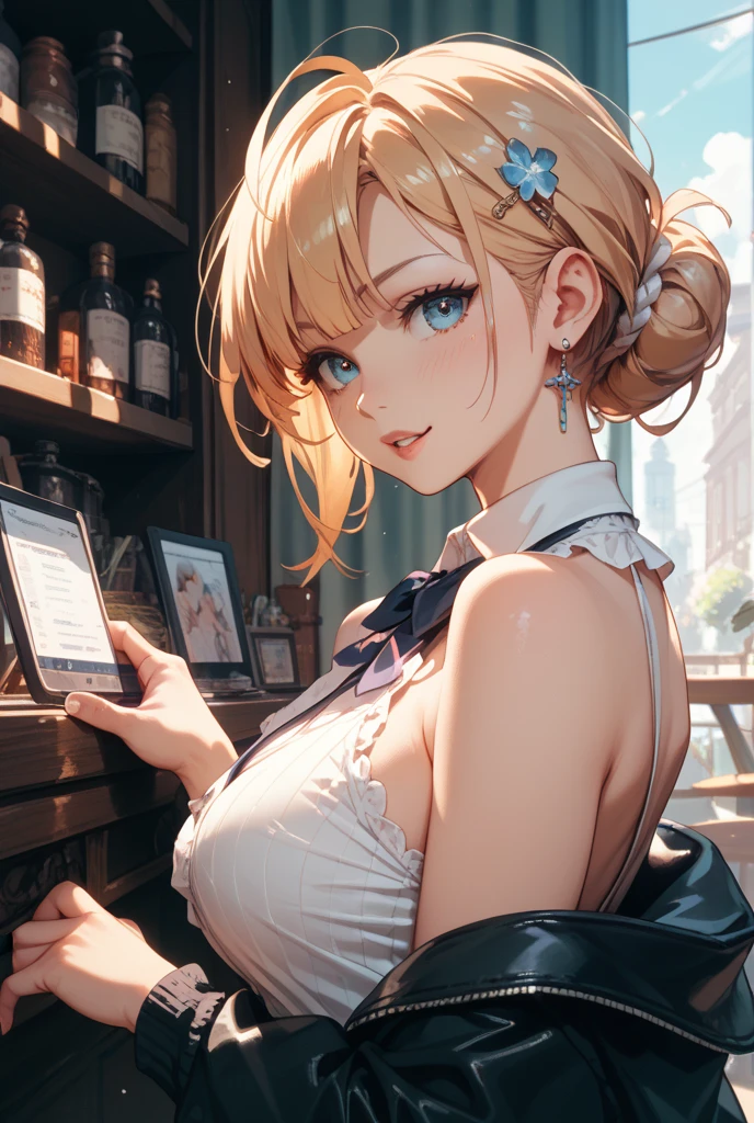 (masutepiece: 1.3), (max resolution: 1.2), (Ultra HDTV: 1.2), cinema lite, Ultra HDTV, (Detailed eyes and skin), (detailed facial features), 8K resolution, Sharp Focus: 1.2, Perfect Style, Beautiful Face, accurate, Anatomically correct, Highly detailed face and skin texture, Detailed eyes, Dark-blue eyes, Double eyelids, Thin eyebrows, (dropped eyes:0.65), (Glitter Eyeliner:1.2), Natural cheeks, Glossy skin, (Fair skin:1.2), shiny necklace and earrings, (Glossy lips: 1.4), BREAK, absurderes, One-person viewpoint, (Two sisters are Very Cute female bar hostess), (While Wearing a Button up White shirt:1.3), BREAK, (wear a blazer:1.3), BREAK, (pleated super mini skirt of Red:1.2), ((showing a little string panties:1.2)), (high heels), BREAK, (shy smile:1.2), ((18 years old, Very Cute and neat girls:1.3)), (high-ponytail hairstyle, Wavy Hair), (Blond or Brown hair:1.2), Medium Long Hair, (Cowboy shot: 1.2), Focus on Face, medium large breasts, ((business card into cleavage:1.6)), (( inside the bar counter)), ((In the erotic Bar at night:1.4)), ((((erotic Bar)))),
