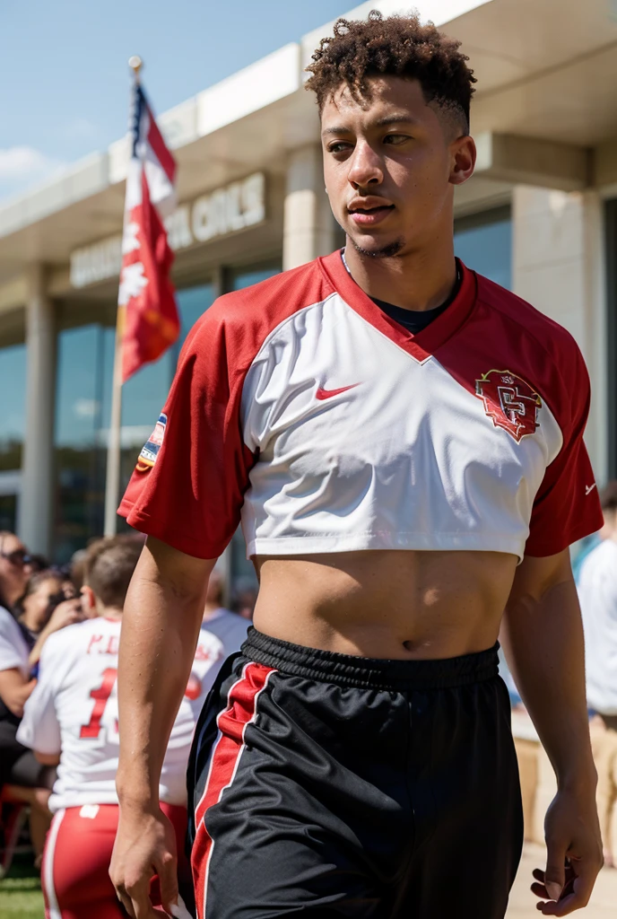 player Messi is in the middle of the street, and he has a huge belly, he is shirtless and there are many people on the street laughing at him, the day is sunny