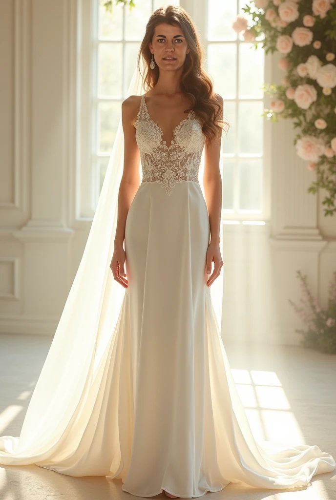 Top quality, Masterpiece, hyper HD, (Photorealistic: 1.4), RAW photo, 1girl,solo,Fashion model,Wearing a white mermaid wedding dress, v-neck dress style, Lace material, long tail, full body, in white room with indoor decorative palm tree,Stand upright and look straight.