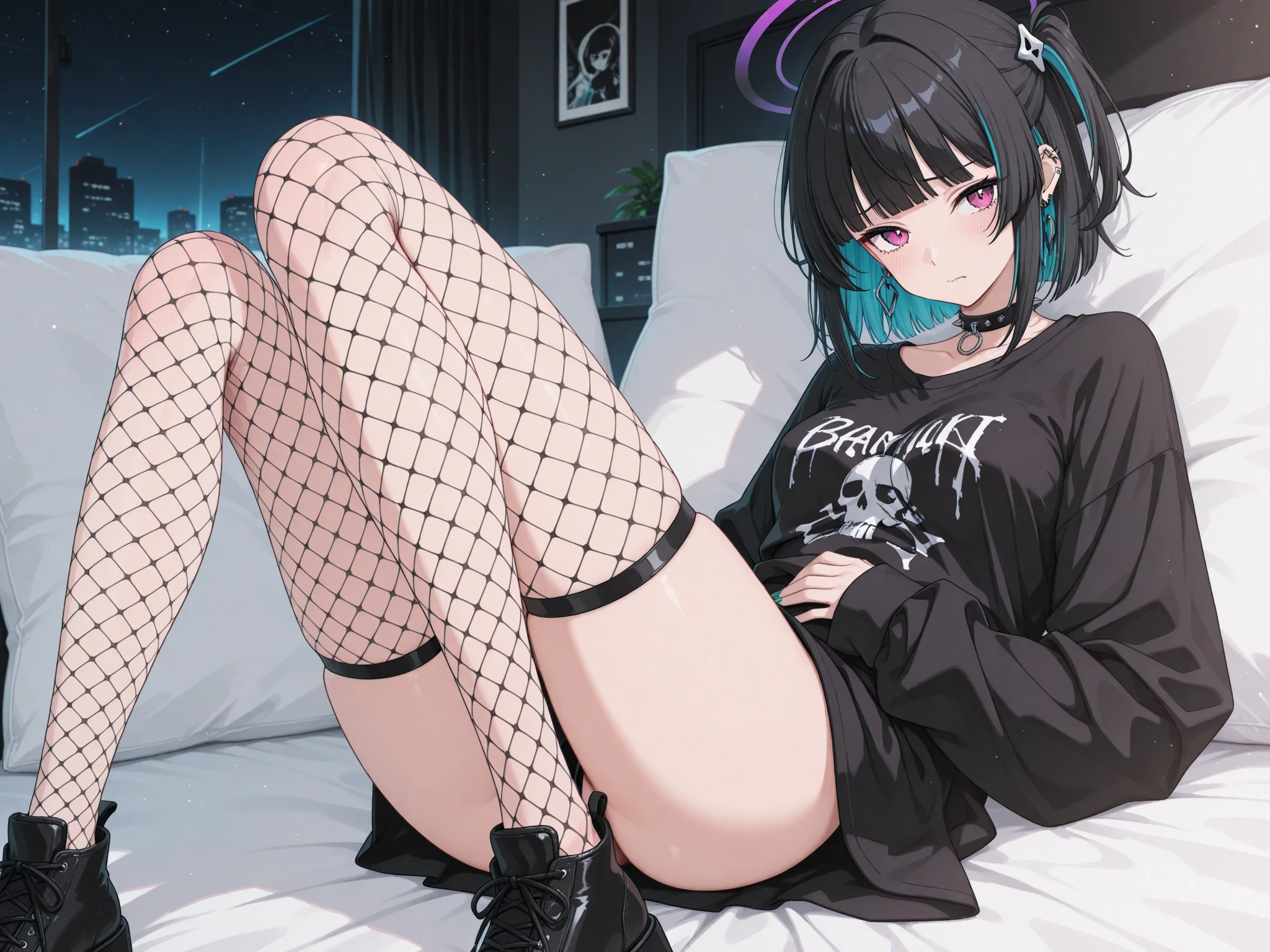 girl with black hair, dressed like a hardcore music lover. Dark colors predominate., torn fishnet stockings, Metallica logo top, black lips and eyes, Tattoos on the body, tsoker with spikes on the neck. She's sitting on the bed, and on the wall behind her are posters of Skarlksrd and Slipknot.. You can feel love and sincerity in her gaze..