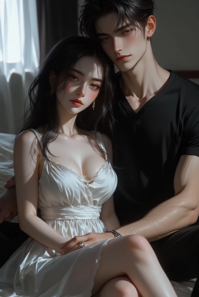 ((Best quality)), ((masterpiece)), (detailed), ((perfect face)), ((halfbody)) 1 boy white hair sitting on a sofa shirtless wearing jeans kissing 1 girl sitting on his lap with long black hair wearing a bra and mini skirt eyes closed, kissing 