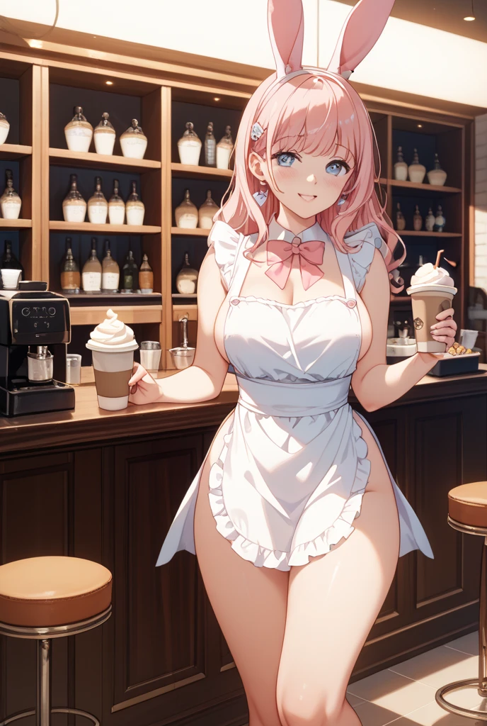 ((1 girls), solo, clevage, Big round breasts, trendy, stylish, clevage, thighs, hips, realistic, pink hair, blonde hair, light green eyes, lip gloss, detailed face, amazing big eyes, eye details, big lips, eyebrow details, blush, smirk, naughty, mischevious face, HD, good quality, thick thighs, attractive, kitchen, breakfast