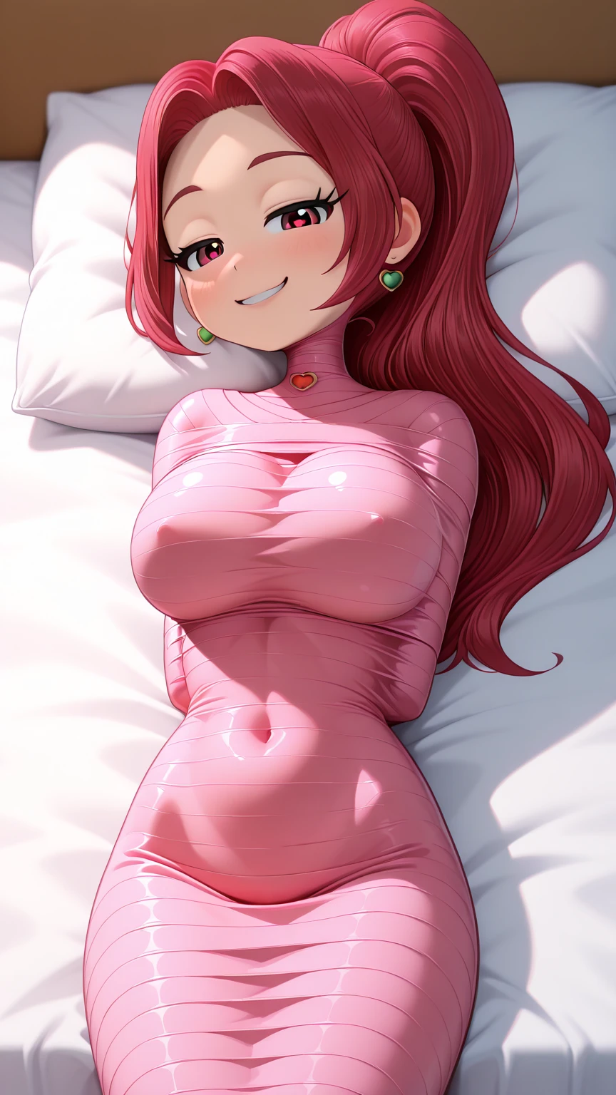 ((masterpiece)), ((best quality)), (ultra-detailed), ((kawaii)), cute, (lovely), ((sexy)), (ero), ((extremely detailed)), 4K, (8K), best quality, (beautiful), in the middle, bedroom, a pretty woman, solo, robot suit, robot, beautiful red hair, beautiful blue eyes, ((beautiful eyes)), white-skinned, long ponytail hair, swept bangs,gigantic breast, orgasm,smile,parted lips,saliva,lying on back,topless,show off nipple,breast milk,bottomless,m legs,show off pussy,pussy juice,vibrator,masturbation