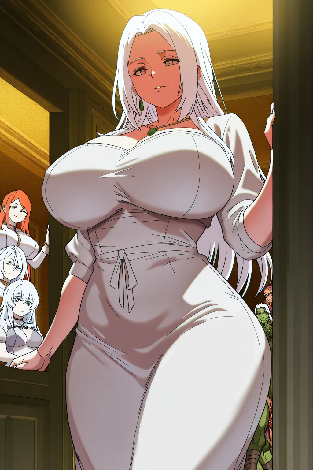 huge breasts, huge ass, big thighs, small waist, white hair, luscious messy hair, tall(adult), panties, no bra, perky nipples, seductive face, open mouth, twisting nipples