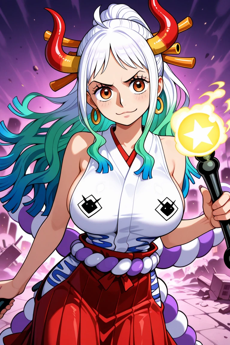 masuter piece, Best Quality, 超A high resolution, top-quality, Anime style, The best lighting, Beautiful face, Onepiece, Yamato, (1girll:1.3), Red Eyes, White and green gradient hair, Longhaire, poneyTail, (Witch Costume:1.3), Sleeveless, no sleeves, (Red Hakama:1.3), big rope on the back, The best smile, Colossal tits, Transverse breasts, red and yellow horns, Clear eyes, show the grinps, Unity 8k壁纸, (Beautiful detailed eyes:1.4), extra detailed face, Perfect Lighting, (Perfect hands, Perfect Anatomy), (flames coming out of the body:1.3), (Fire effect:1.Plop