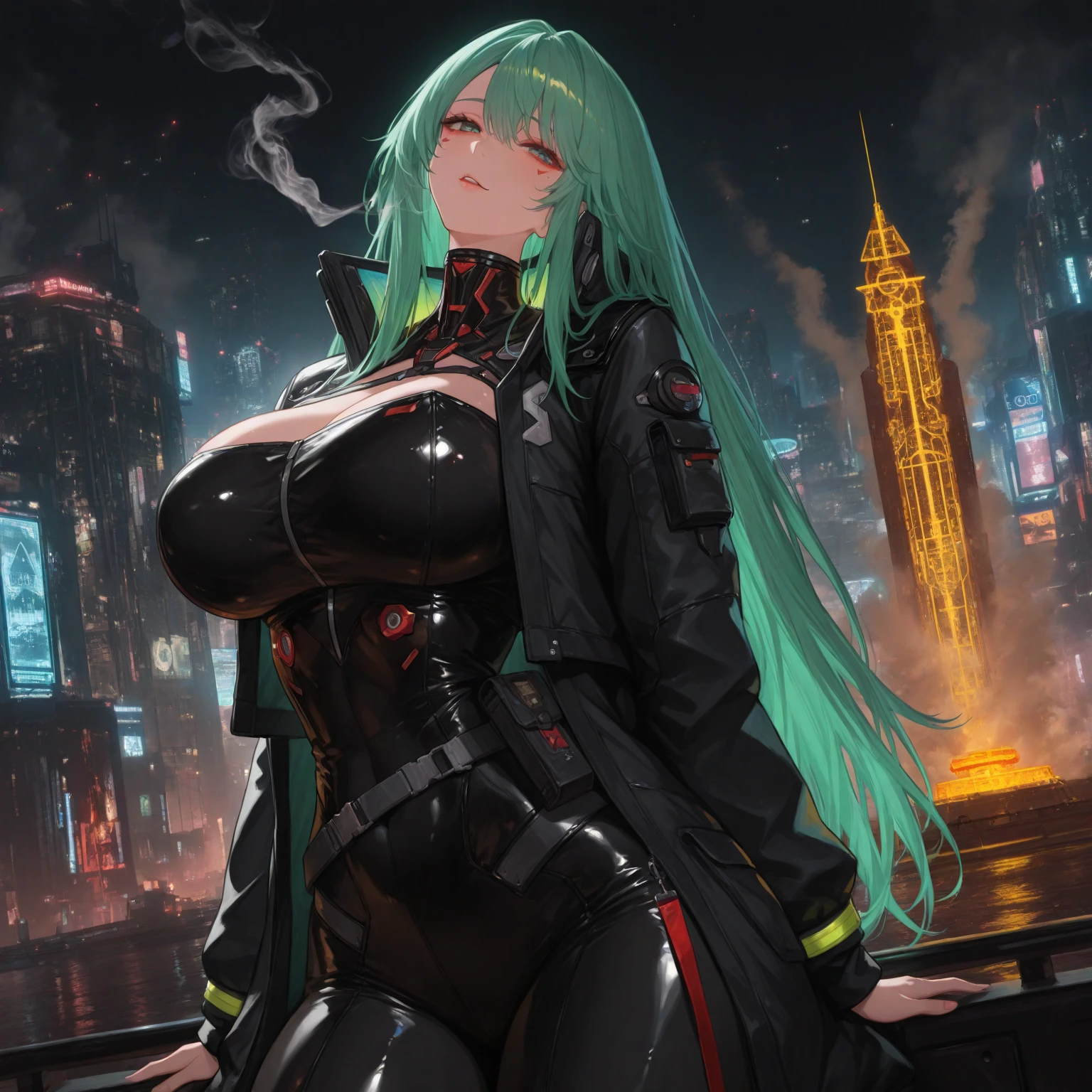 Full body, A woman in a black costume with blank parts of a maid/Batman/Ultraman, a bearded 90 year old man, several men, crowded bus, she is being grabbed by several men, she has Green hair with movement in the wind, blue eyes, huge breasts, wearing a teddy bear hair clip, anime, masterpiece, 16k, super detail, anatomically correct, UHD, textured skin