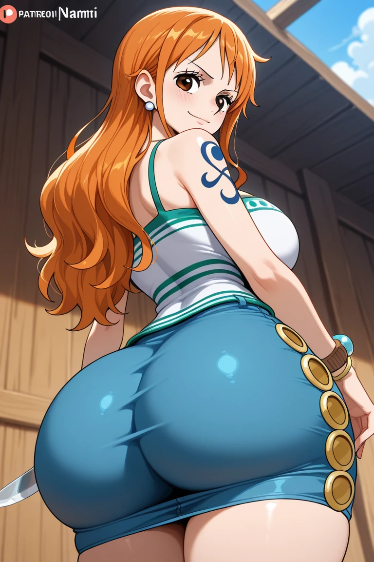 score_9, score_8_up, source_anime, best quality, nami, NAAmi, orange hair, orange eyes, long hair, large breasts, standing, looking at viewer, china dress, blue clothes, smile, indoor, cowboy shot, low angle, from behind, big ass