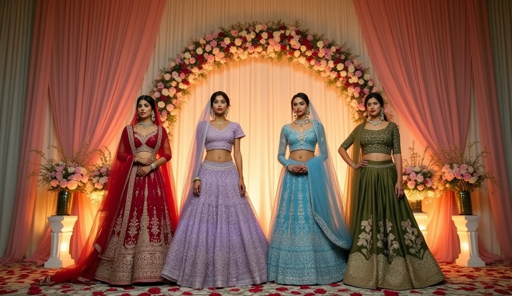 Create a 3D illustration of A 20 year-old  bridel l  & her friend she is wearing pakistani Bridel dress in red color with beautiful bridal makup like kashee's artist salon mAkup & beautiful jewelry  only  her f friend sister is wearing beautiful sky blue & golden pakistani luxery maxi  their ace & half body  till legs 
i want her image for a beauty salon bridel makup service ads. Her makup is perfect & beautiful she is looking soo beautiful & beckground thame is luxery gulter  c green don't show her body creat in insta post size