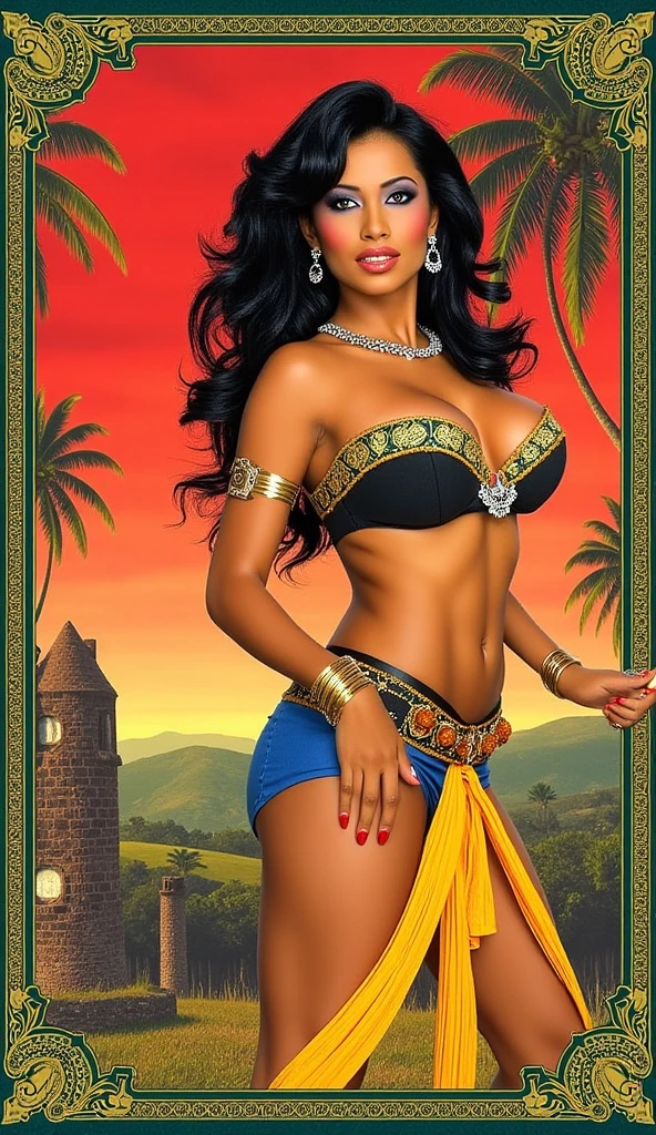 Full body pose, Latina, 40 years old Daisy Marie, 34dd's naturals, round firm butt, as a Egyptian Queen goddess with golden trimmed see-through body hugging skin-tight white dress, body silhouette seen under and ornated with Egyptian Royalty jewelry, masterpiece, best quality, highly detailed, official art extremely detailed CG unity 8k wallpaper, 8k resolution, absurdres, full body, female, queen, goddess, idol, solo, makihitsuji, short eyebrows, V v-shaped eyebrows, gradient_eyes, tsurime, heart-shaped mouth, lipstick, 2D blush stickers, blush, jitome, naughty face, nose blush, smug, thinking, seductive smile, smirk, grin, hair over shoulder, long hair, hair between eye, braided bangs, blunt bangs, shiny hair, hair behind ear, crescent hair ornament, hair flower, hair rings, bracelet, drop earrings, puppet rings, sapphire brooch, jewelry, necklace, bangle, pendant, stud earrings, sunburst, hoop earrings, gauntlets, arm strap, skirt lift, lace trim, spaghetti strap, armlet, nail polish, make up, stain glass, mosaic background, colourful glass, ceiling window, water vapor, city, temple, stadium, fountain, standing, arched back, head tilt, leaning forward, hand on own stomach, hand to mouth, looking to the side, dramatic angle, stare, look at viewer, cocked eyebrow, castle, swimming pool, tunnel, in summer, sun, sky, meteor shower, hills, on a desert, plateau, cliff, canyon, oasis, waterfall, stream