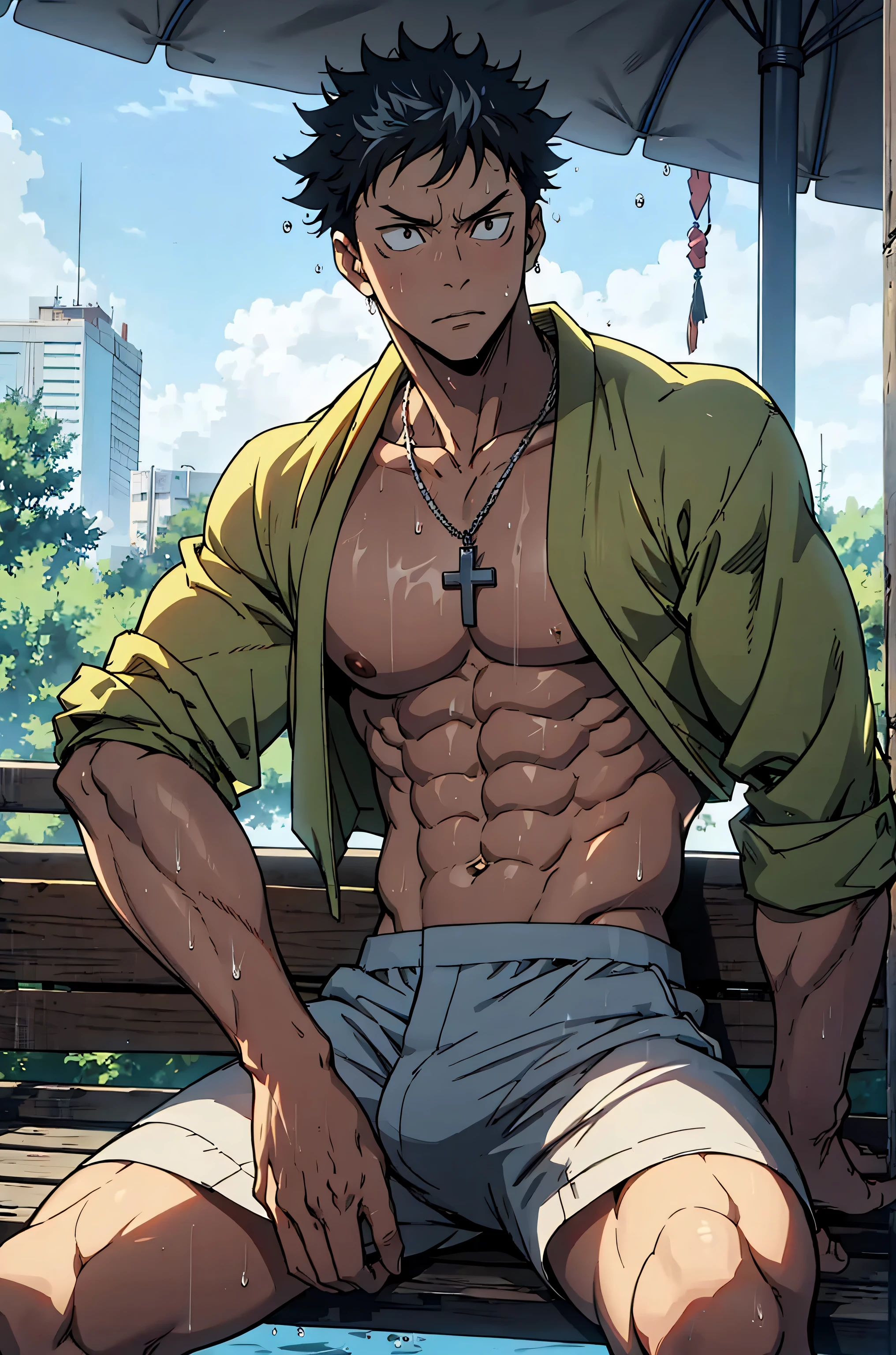 shirtless handsome manly short black hair caucasian male in tattered short jeans and sneakers, shirtless, sweating profusely, drenched with sweat, exhausted, panting, inside the bus, inside the bus is crowded with people