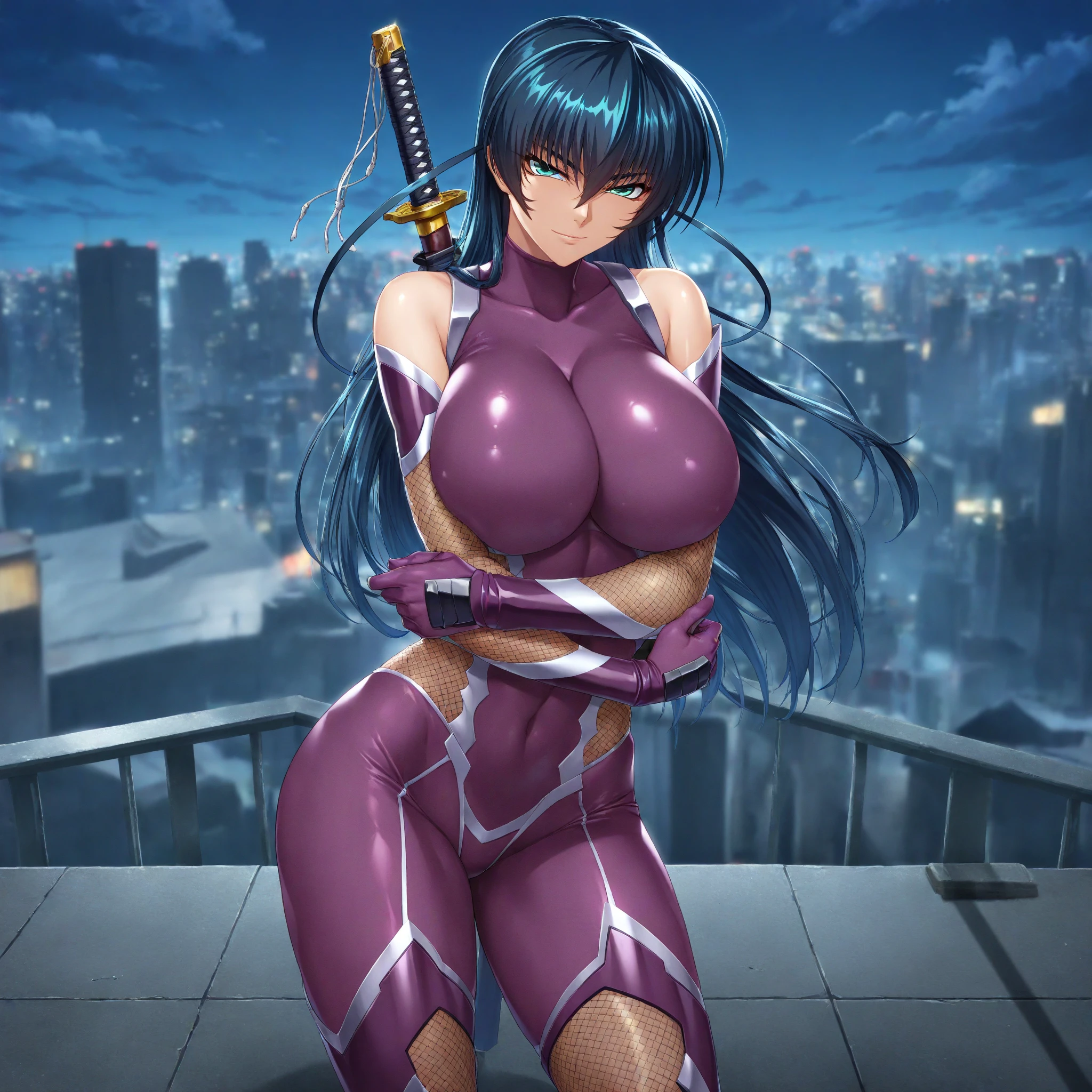 purple eyes, (best quality, masterpiece painting,:1.1), Oboro, mature female, full body shot, red bodysuit, armor gloves, Kuzuri, purple hair, short hair, huge breasts,nude (narrow waist:1.1), cleavage, perfect body, (athletic body:1.1), soft skin, anime face, perfect face, (perfect eyes:1.1), purple irises, anime eyes, smoky eyeliner, eyeshadow,  asian, smirking, looking at viewer, night city background, neon lights, sharp focus, intricate details, professional artwork, (vibrant colors:1.1), vivid colors, Diffused lighting, digital blending, ultra detailed body, ultra detail hair, ultra detail face, trending on pixiv, by Kagami Hirotaka, Harue Koga,