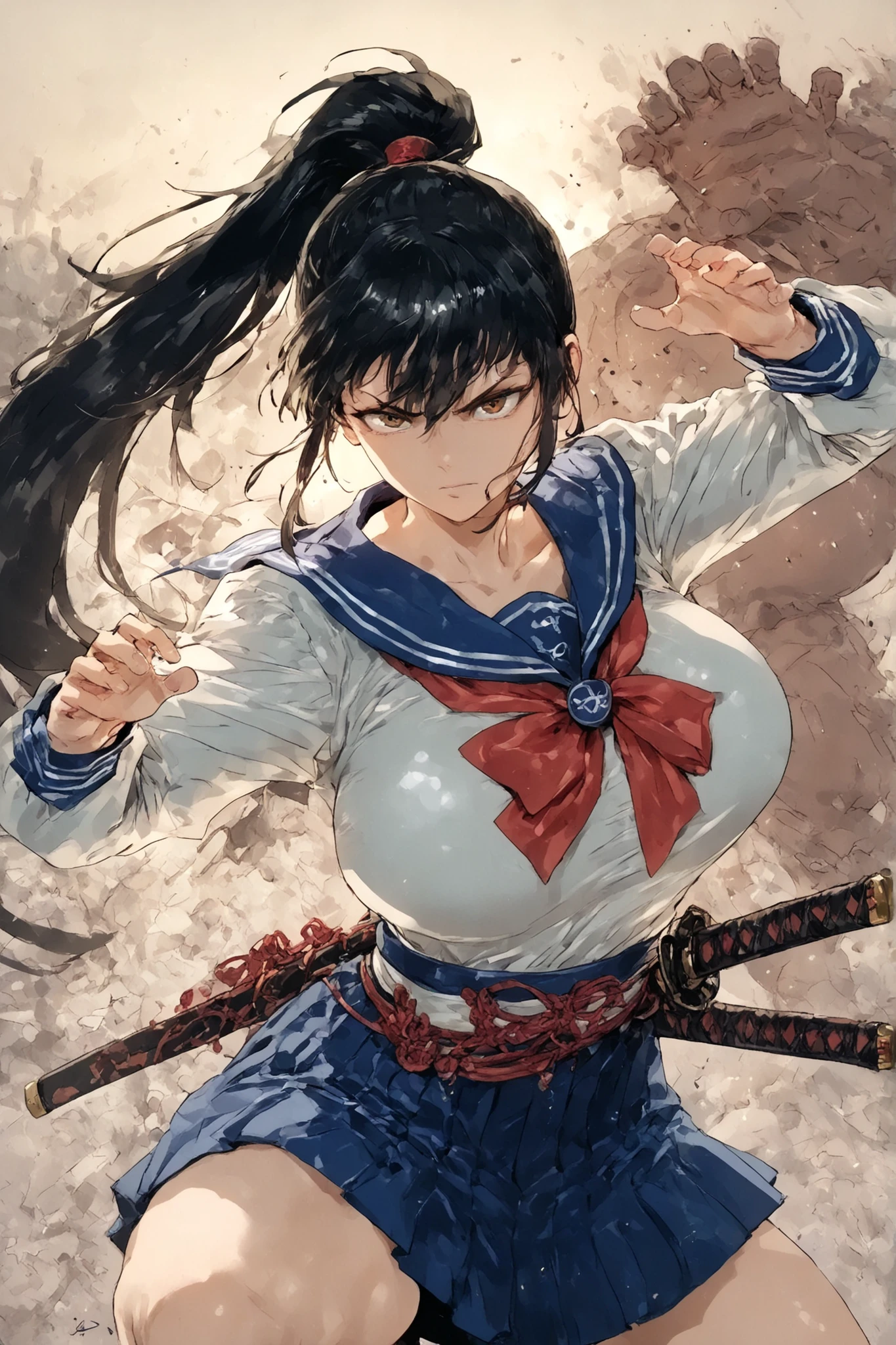 JK,high school girl,1girl,sailor suit,ponytail,samurai sword,Japanese sword,A Huge Fat Man Staring at Viewers,tattered clothes that came off,Veteran Samurai,dynamic pose,Action Pose,Anime Chic,safe content (masterpiece, 最High Quality, High Quality, detailed background, complicated details,complicated,Ultra High Resolution, is so beautiful,Newest:1.2)