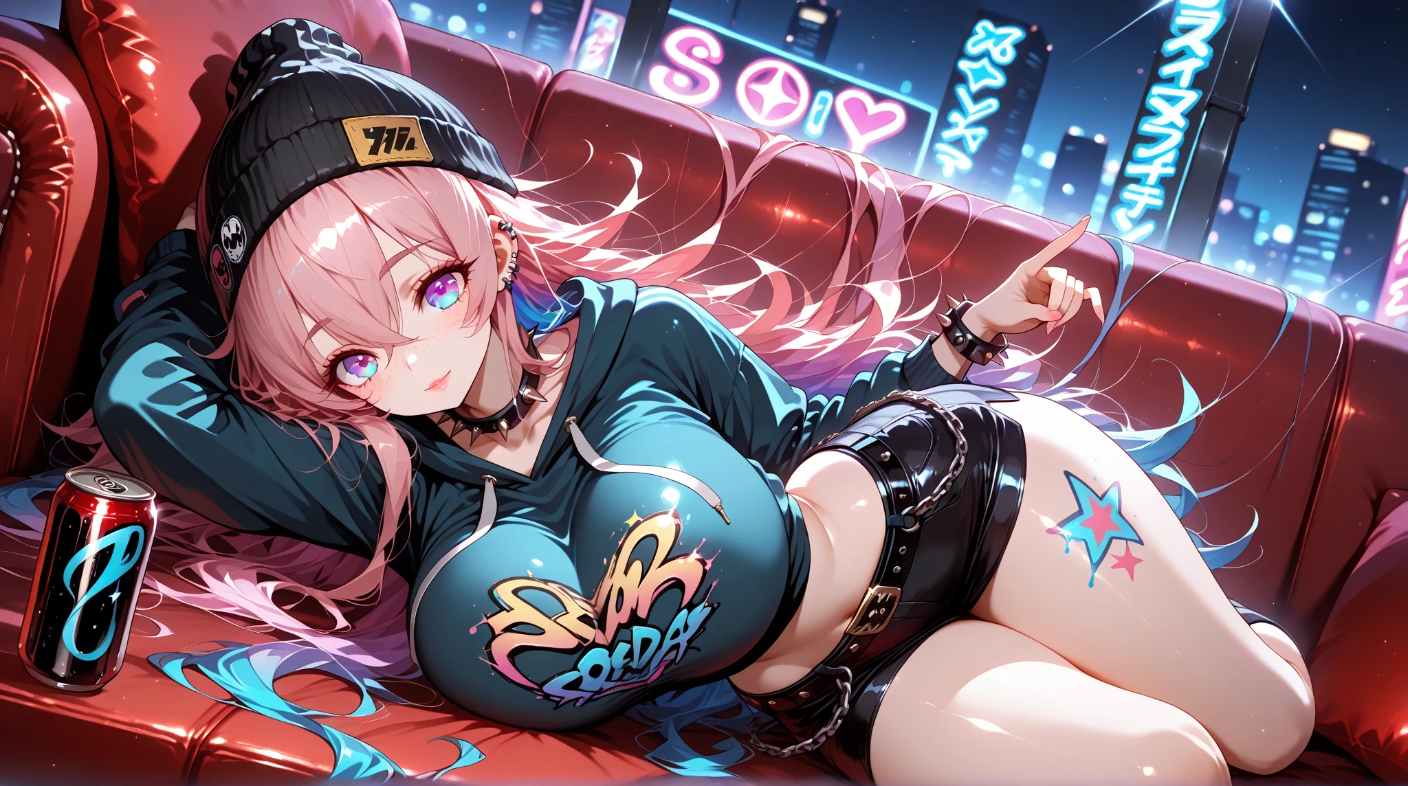 girl rave,(((1girl))),((girl with extremely cute and beautiful pink hair)),((asian features)),

(large breasts:1.4),saggy breasts,(((neon red hair:1.35,wild hair,long hair:1.4,colored inner hair,ear breathing))),(((neon_Yellow_eyes:1.3))),intricate eyes,beautiful detailed eyes,symmetrical eyes,slanted eyes:15,((fat)),((((lustrous skin:1.5,bright skin: 1.5,shiny skin,very shiny skin,shiny body,plastic glitter skin,exaggerated shiny skin,illuminated skin, wet legs))),(spider lower abdomen,narrow waist,wide hip,athletic body,inflated legs, thick thighs,detailed body,(detailed face)),

cute,slutty,seductive,erotic,(((nsfw))),

zettai ryouiki,revealing clothing,show skin,((rave shirt with an neon colors print,rave mini-short,visible thong straps)),((underpants strap)),(rave outfit:1.3,rave clothes,semi-naked,with little clothing),((neon tattoos:1.3)),((wet clothes,intricate outfit,intricate clothes)),

(dynamic pose:1.0),solo focus,embarrassed,(centered,scale to fit dimensions,Rule of thirds),

cyberpunk city by the ocean at night, with bright neon signs and dark stormy clouds and puddles, scenery:1.25,nighttime, starry night, cosmos,Very dark night that makes the neon lights stand out, very bright neon lights,

artistic photography,(photography taken by sldr),highres, sharp focus,(ultra detailed, extremely detailed), (photorealistic artwork:1.37),(extremely detailed CG unity 8k wallpaper),((synthwave background theme)),(((vibrant colors))),intricate,(intricate background),(masterpiece),(best quality),perfect rendered face,perfect face details,realistic face,photo realistic,analog style,((intricate detail)),(((realism))),