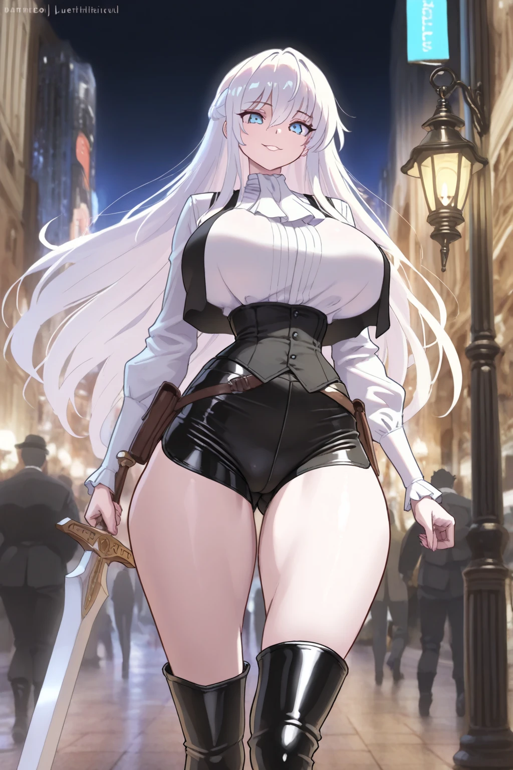 ((((((1boy)))))), fluffy blonde hair, ((big sharp wolf ears)), wolf tail, slim figure, ((pale skin)), sky blue eyes, joyful, big thighs, fangs, slim waist, lean figure, skin pale, youthful appearance, (((bulge))), black thigh socks, black coat, twink, full body view, excellent physique, victorian gothic clothing, big butt