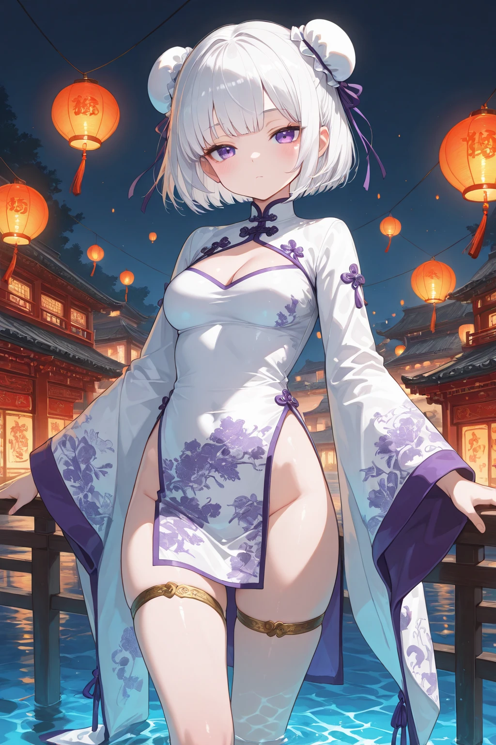 Masterpiece, Top Quality Anime Illustration, Super Detail, One Girl, Solo, Beautiful Girl with Silver Hair, Anime Loli, Cat Ear Loli, See-through Cheongsam in Light Color Night Color, Short Cheongsam, Sleeveless, Smile, Bare Skin Side Breast, Thigh Focus, Cleavage Enhancement, Hot Spring