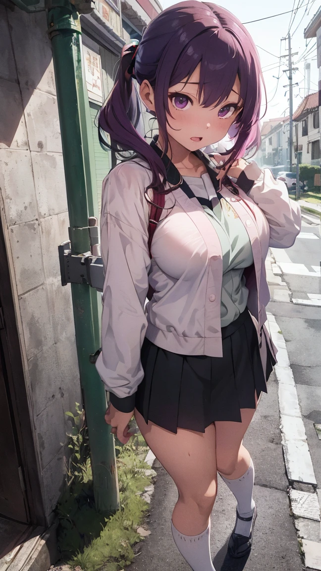 Masterpiece, stunning realistic, best quality, sharpness, 1 girl,sakura haruno,(school uniform:1.1),(both arms behind her head:1),large breasts,White shirt,(rote krawatte:1),blazer,kurzer stoff rock, pink hair, green eyes, forehead mark, standing in a school,(shirt lift:1),shirt lift and pants pull,lace bra,skinny fit,from above,bend over, on knees.
