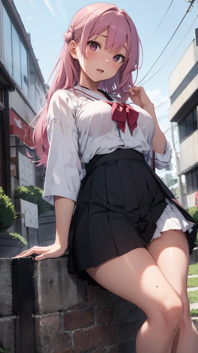(masterpiece:1.3, top-quality, ultra high res, ultra detailed), (realistic, photorealistic:1.4), beautiful illustration, wearing knit sweater & miniskirt, (Flirtingly lifting her skirt to show her panties:1.3),perfect lighting, natural lighting, colorful, depth of fields, surrealism, (embarrassed,blush:1.3),
beautiful detailed hair, beautiful detailed face, beautiful detailed eyes, beautiful clavicle, beautiful body, beautiful chest, beautiful thigh, beautiful legs, beautiful fingers, shiny skin,
looking at viewer, 1 girl, japanese, high school girl, (perfect anatomy, anatomically correct, super detailed skin), cute and symmetrical face, babyface, perfect face, perfect eyes,
(middle hair, two side up, pink hair), crossed bangs, purple eyes, drooping eyes, big eyes, long eyelashes, (large breasts, seductive thighs, skindentation), slender, outstanding style,
((detailed cloth texture, white collared shirt, blue pleated skirt, dark red neck ribbon), black thigh-highs, loafer),
(beautiful scenery), late afternoon,hands on chest, (lovely smile, upper eyes, open mouth small),