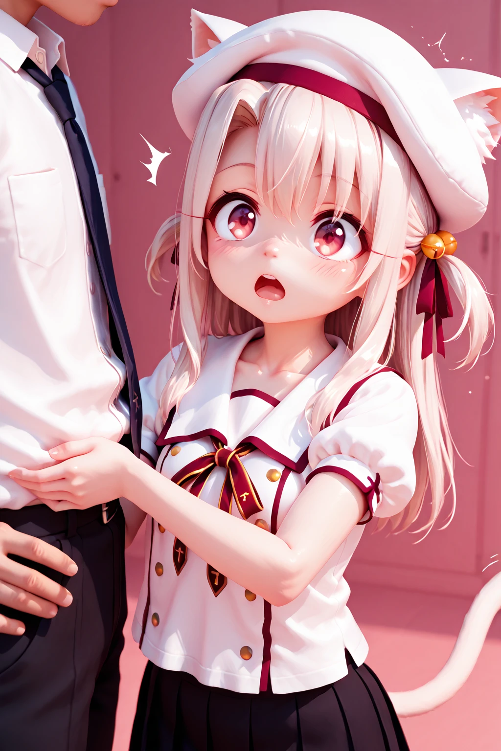 masterpiece, Highest quality, 8k wallpaper, Very detailed, A girl about 12 years old, (Golden Hair:1.1), Long Hair, fine grain、(Red Skirt)、 White dress shirt,(A single large red flower hair ornament:1.1),Light blue eyes、crazy eyes,singing、Holding an ice bar in your hand、kneeling,(front view:1.0)、(fellatio:1.1)、open mouth、blowjob face、drooling