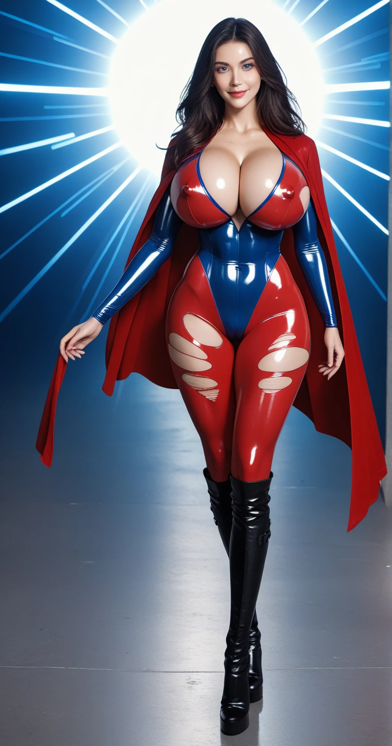 Full body, long shot, hyper relistic, realistic, real 3, very real photo, IN A standing dynamic POSE, very sexy beautiful woman, pretty face, carefully detail face, beautiful body, big breast, perfect face, detailed face, pretty face, in a sexy costume to powergirl, sexy cyberpunk futuristic sexy costume powergirl, big breast, huge breast, micro mini skirt, epic powergirl , Extremely Realistic, very short skirt, show underwear