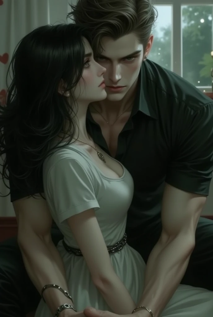 masterpiece, Man1, Female1, man strangles woman, the man is angry, terrifying, black hair, Objects in the room are scattered here and there, The man's hair is matted, Urgent Situation,