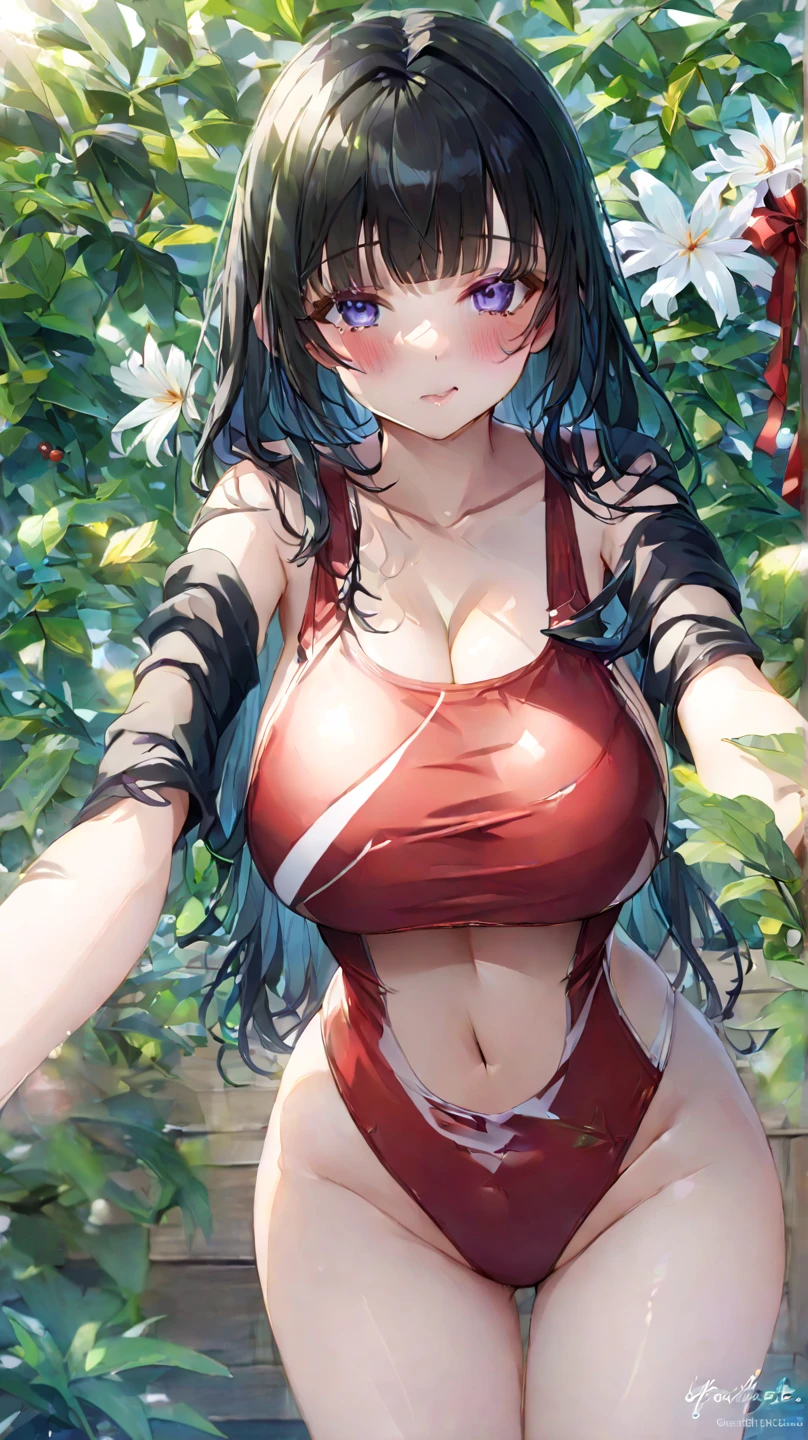 masterpiece, (pink kimono), seductive face, good lighting, low-cut, fine details, masterpiece, glowing eyes, 1girl, black hair, gag, bamboo, Nezuko Kamado, wisteria background, masterpiece, best quality, POV, whole body, wide hips, Nsfw, colorful stripped bikini set skir ligt, pov, thong T-String