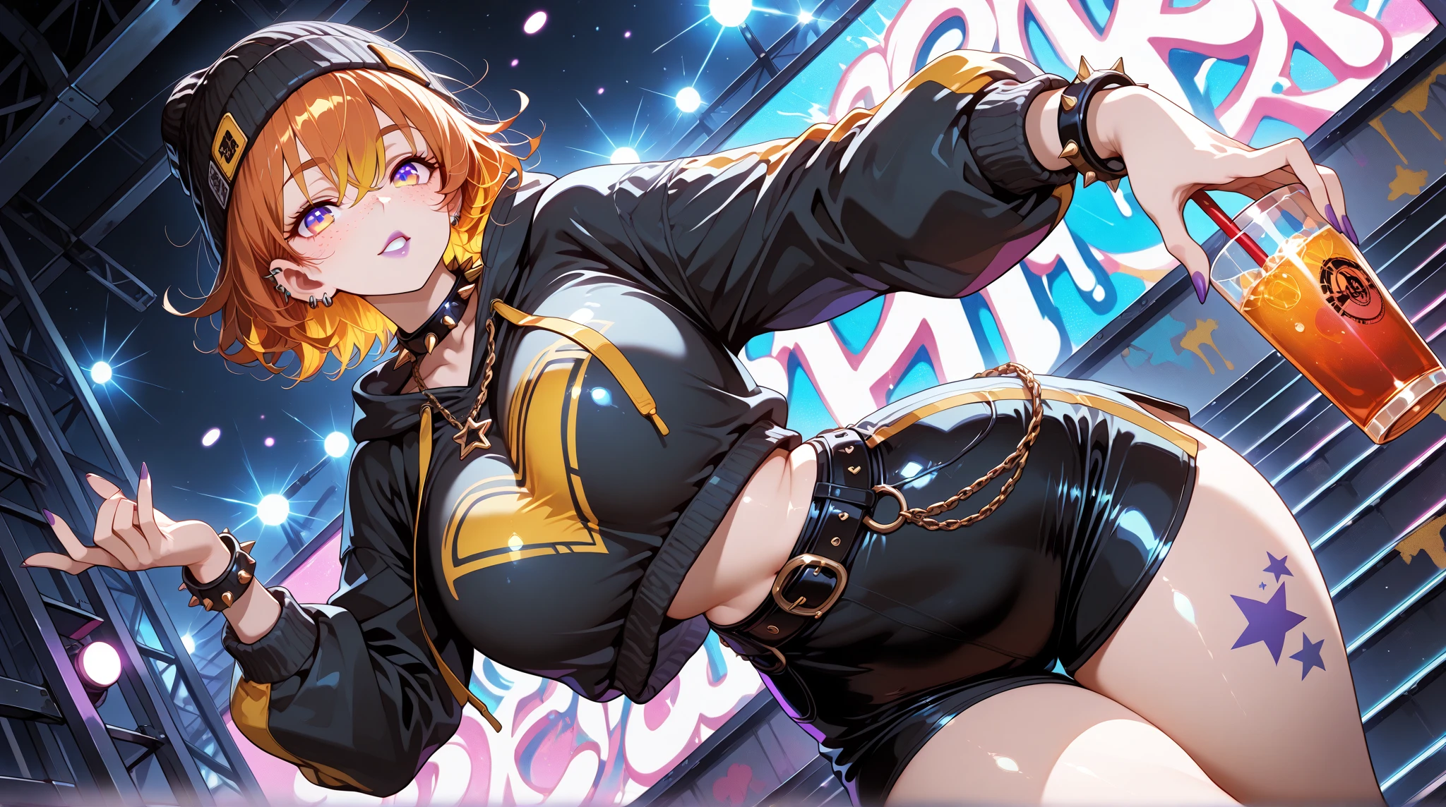 best quality, highres, absurdres, ultra detailed,  <lora:RWBYYangV1:0.8>, YangXiaoLong, 1girl, solo, shorts, jacket, cleavage