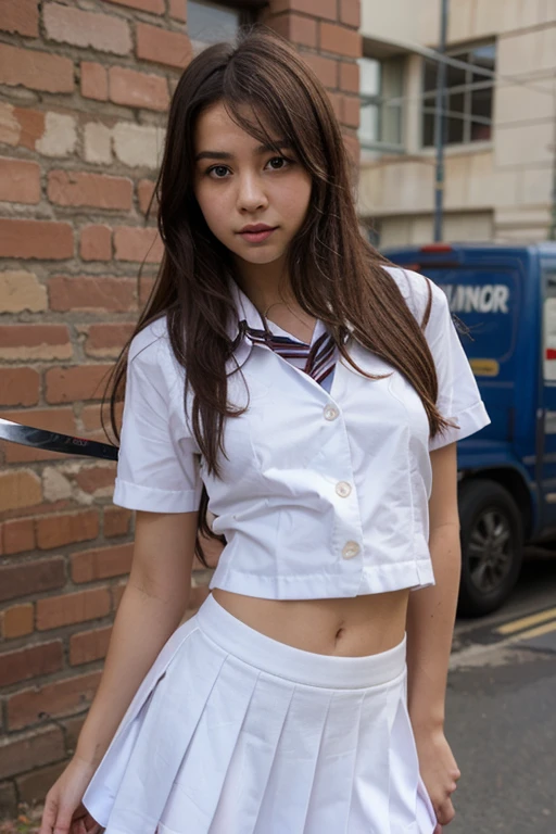 ((Two Girls)), ((Highest quality)), (Super detailed), (Very detailed CG 統合 8k 壁紙), Very detailed, High-resolution RAW color photos, Professional photography, Brown Hair, Great face and eyes, Pink Eyes, (High School Uniform, Pleated mini skirt:1.3), (High with wide open breasts:1.35), Beautiful big , Bare Chest, (Amazingly beautiful girl), (((Bokeh))), Depth of written boundary,